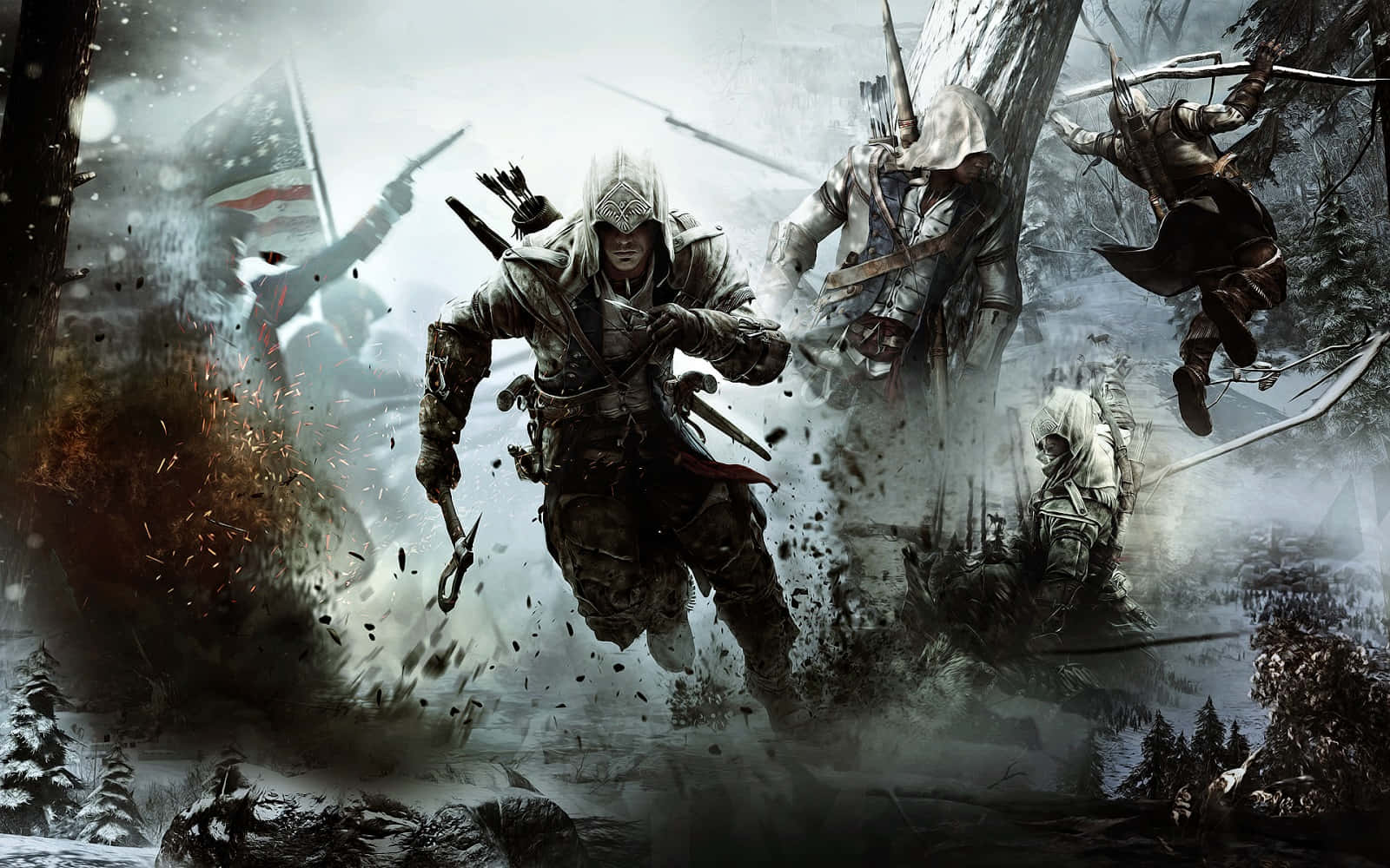 Assassin's Creed Revelations 桌布 壁紙 — 身穿連帽長袍的刺客在雪林中躍起，同袍們在他周圍戰鬥，構成動態動作場景。
