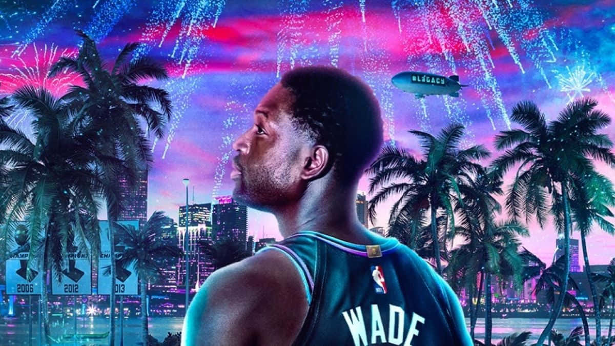 NBA 2k20 桌布 壁紙 — 身穿邁阿密熱火球衣的德維恩·韋德仰望上空，煙火在棕櫚樹上空綻放，飛船飛過霓虹城市景觀。