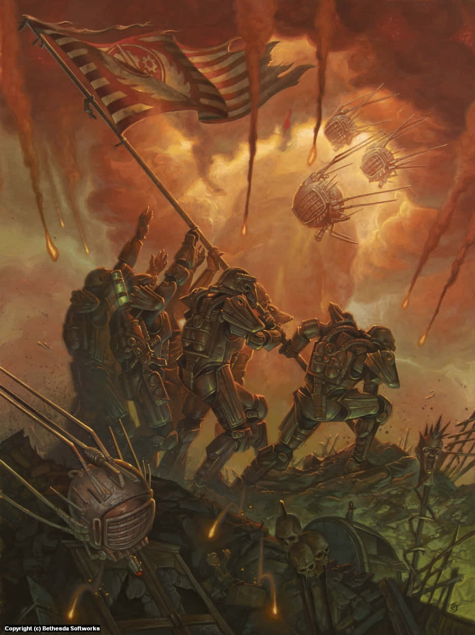Fallout Brotherhood Of Steel 桌布 壁紙 — 身穿重型盔甲的士兵在戰火摧殘的戰場上，於熾熱爆炸和墜落炸彈中舉起破爛的旗幟。