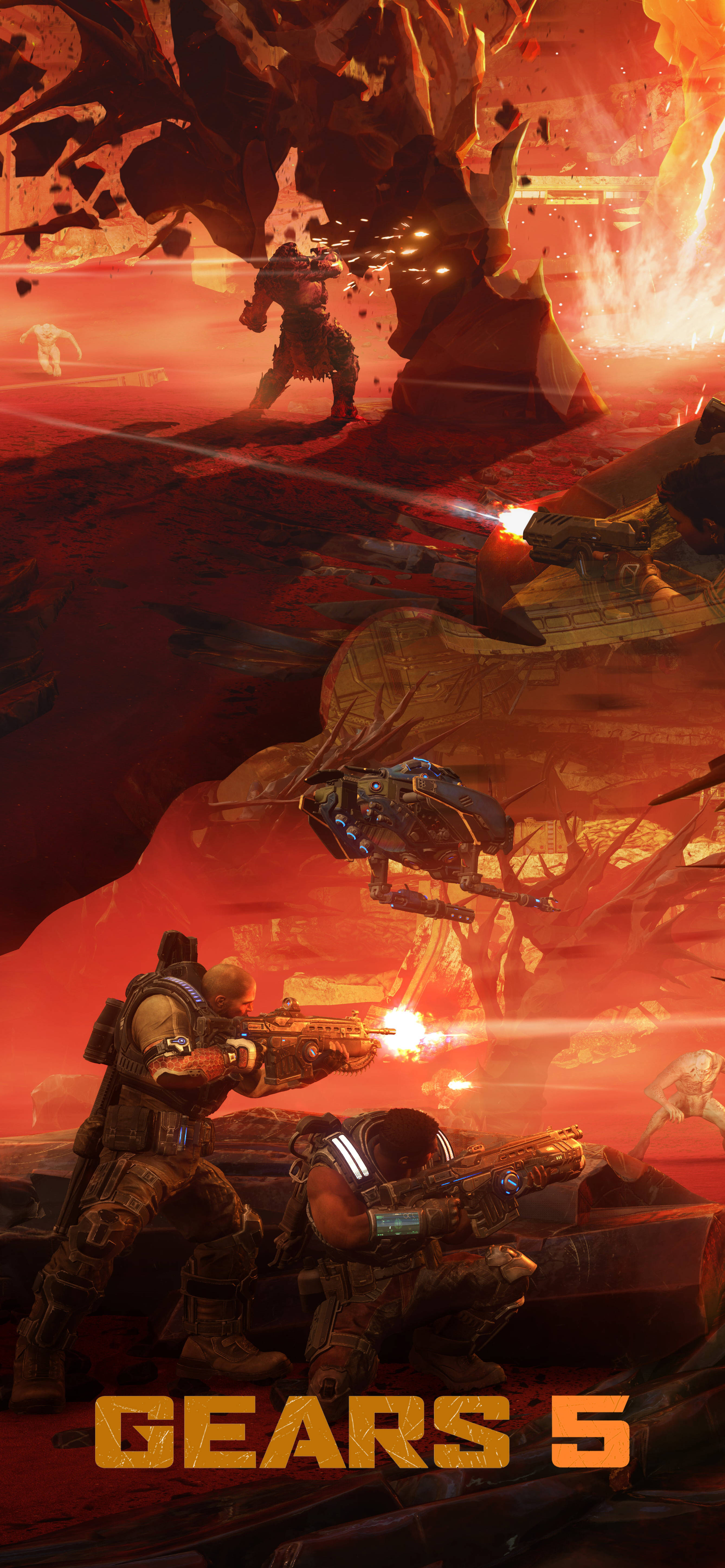 gears 5 iPhone 桌布 壁紙 — 身穿重甲的戰士在血紅的天空下，於熾熱的爆炸和崩塌的廢墟中戰鬥。