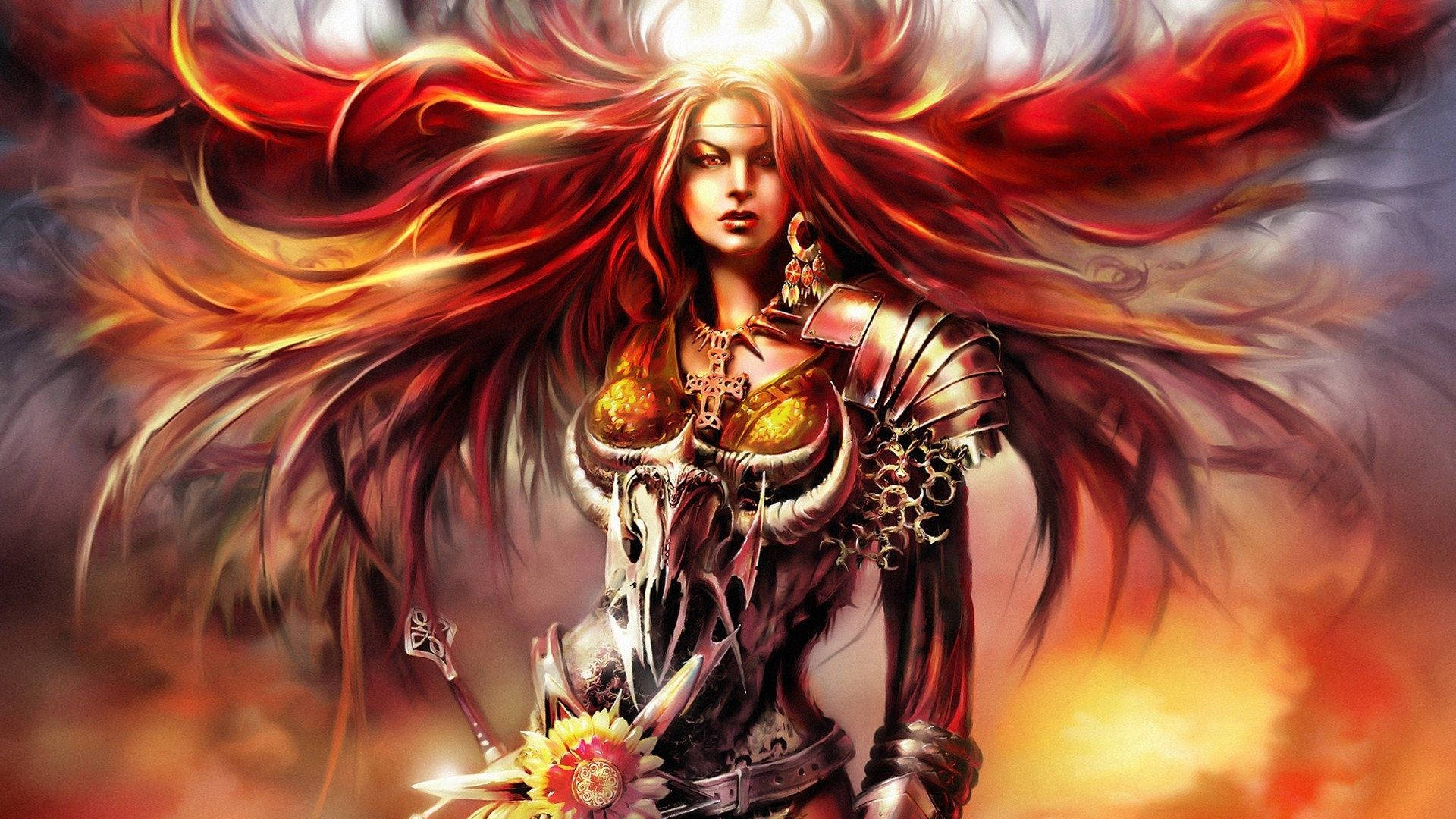 奇幻女戰士，紅髮盔甲，手持劍。