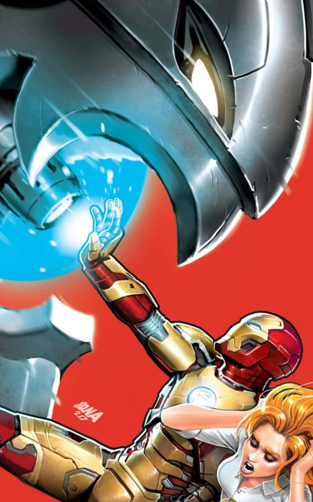 Iron Man Vs Ultron 桌布 壁紙 — 身穿金色和紅色裝甲的鐵甲奇俠，在鮮紅色背景上一個巨大的金屬頭盔懸掛在頭頂之際，伸手朝向一個發光的藍色能量球。