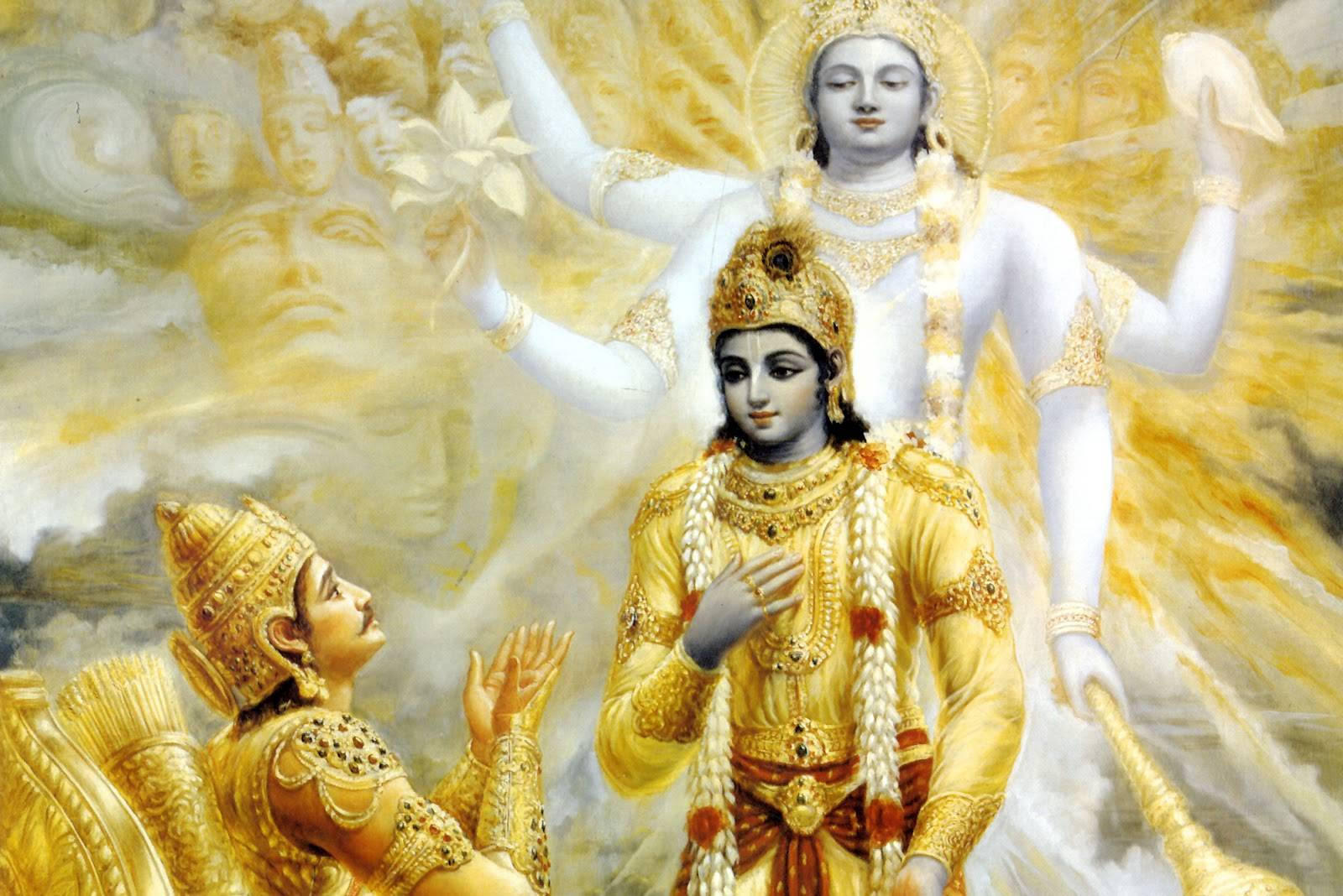 Krishna Arjun 桌布 壁紙 — 身穿金色服飾的神聖人物在旋轉的天堂背景下散發出天國的光芒。