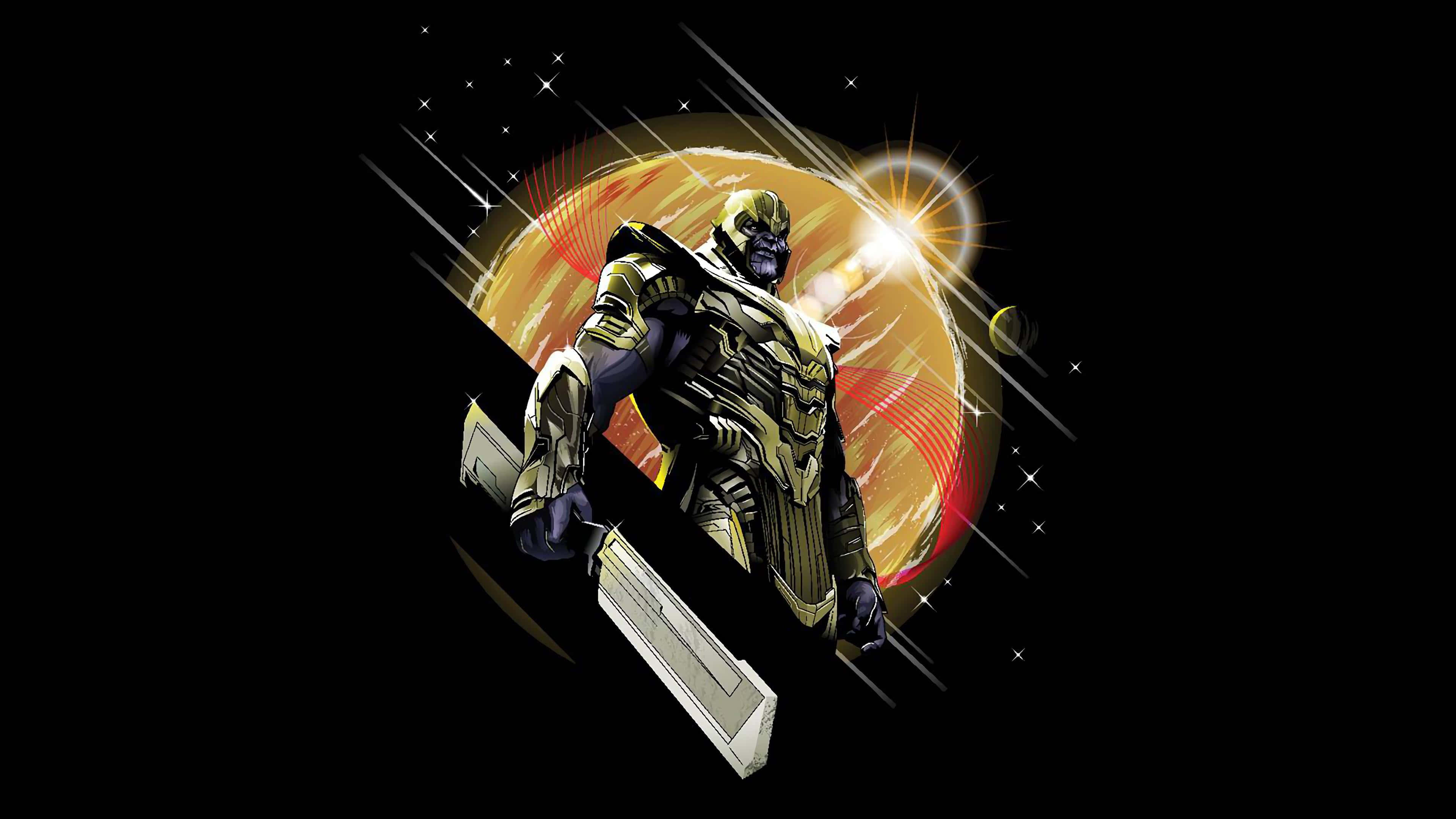 Thanos 桌布 壁紙 — 身穿金色盔甲的薩諾斯，在佈滿星星和光線的熾熱宇宙背景下威嚴地站立。