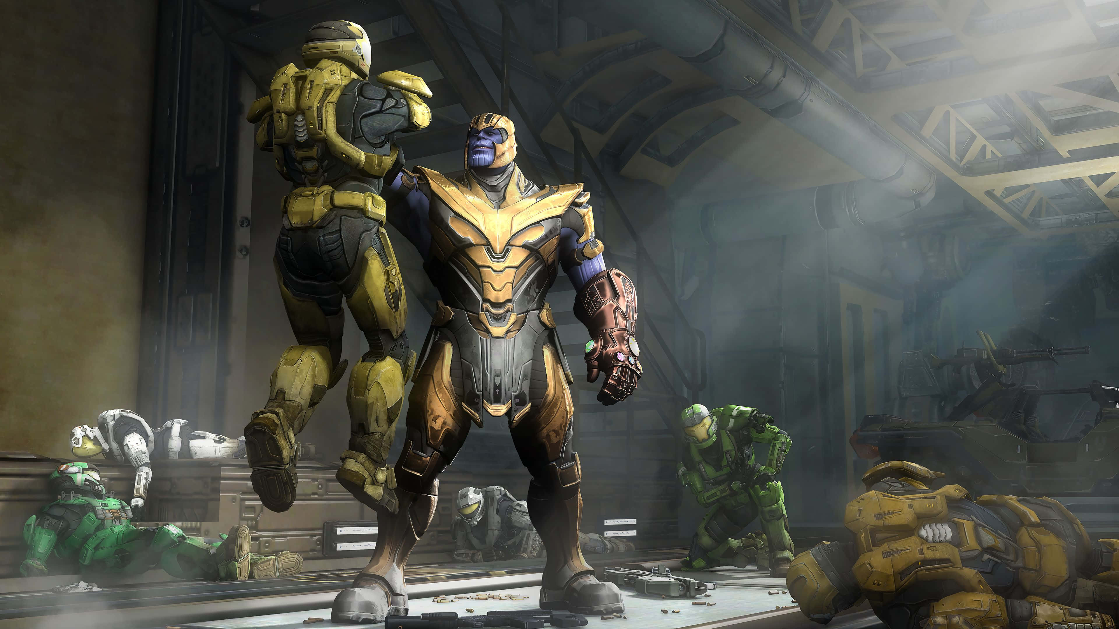 Thanos 桌布 壁紙 — 身穿金色盔甲的薩諾斯勝利地站在煙霧瀰漫的工業機庫中倒下的綠色和黃色裝甲士兵之上。