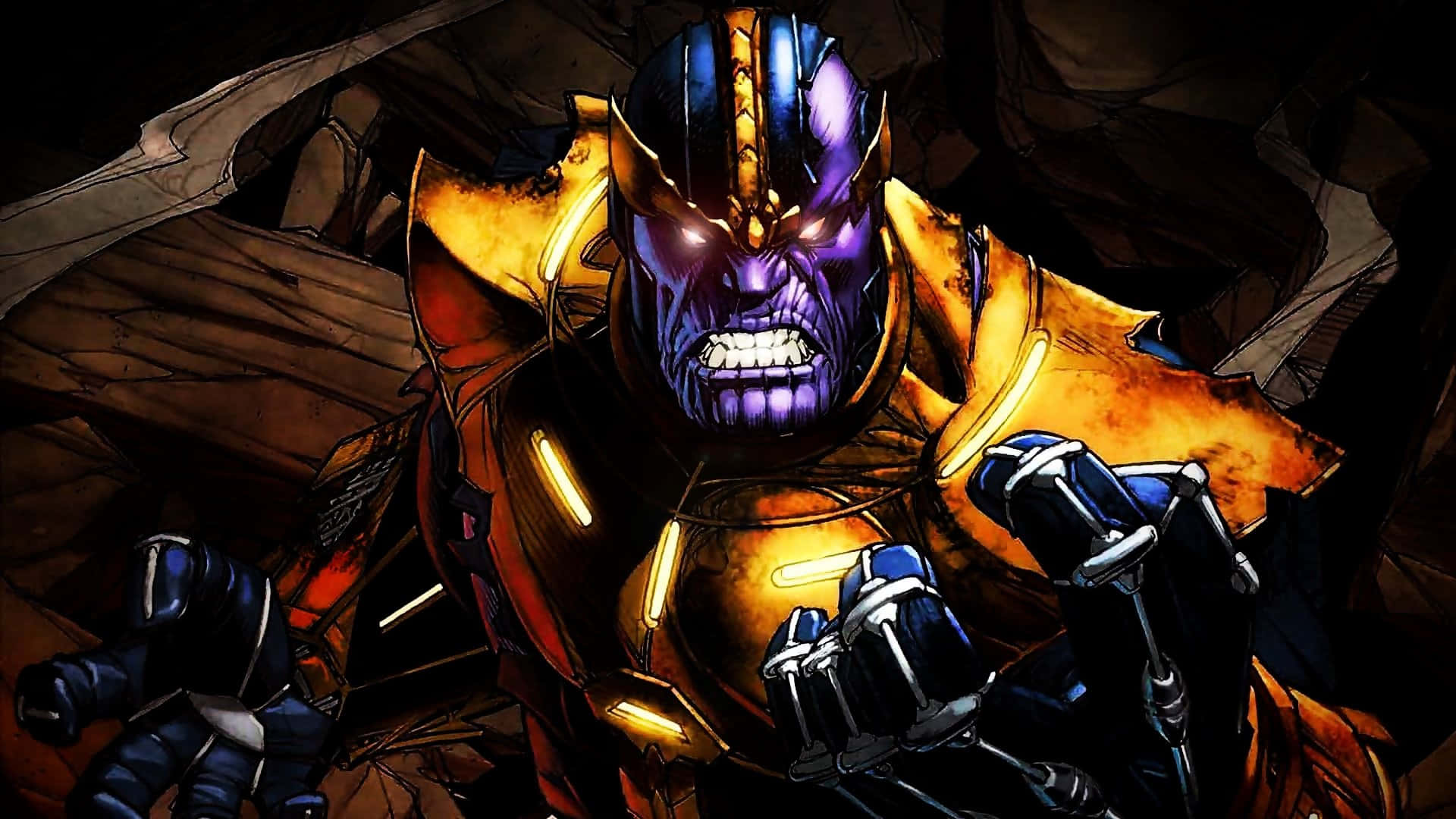 Thanos 桌布 壁紙 — 身穿金色盔甲的薩諾斯在破碎的石頭碎片中，雙眼發光地咆哮。