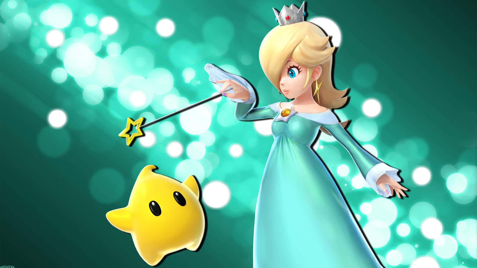 Princess Rosalina 桌布 壁紙 — 身穿青綠色長袍的黛西公主在黃色星星旁邊揮舞著星星魔杖，在閃爍的綠色散景背景下閃閃發光。
