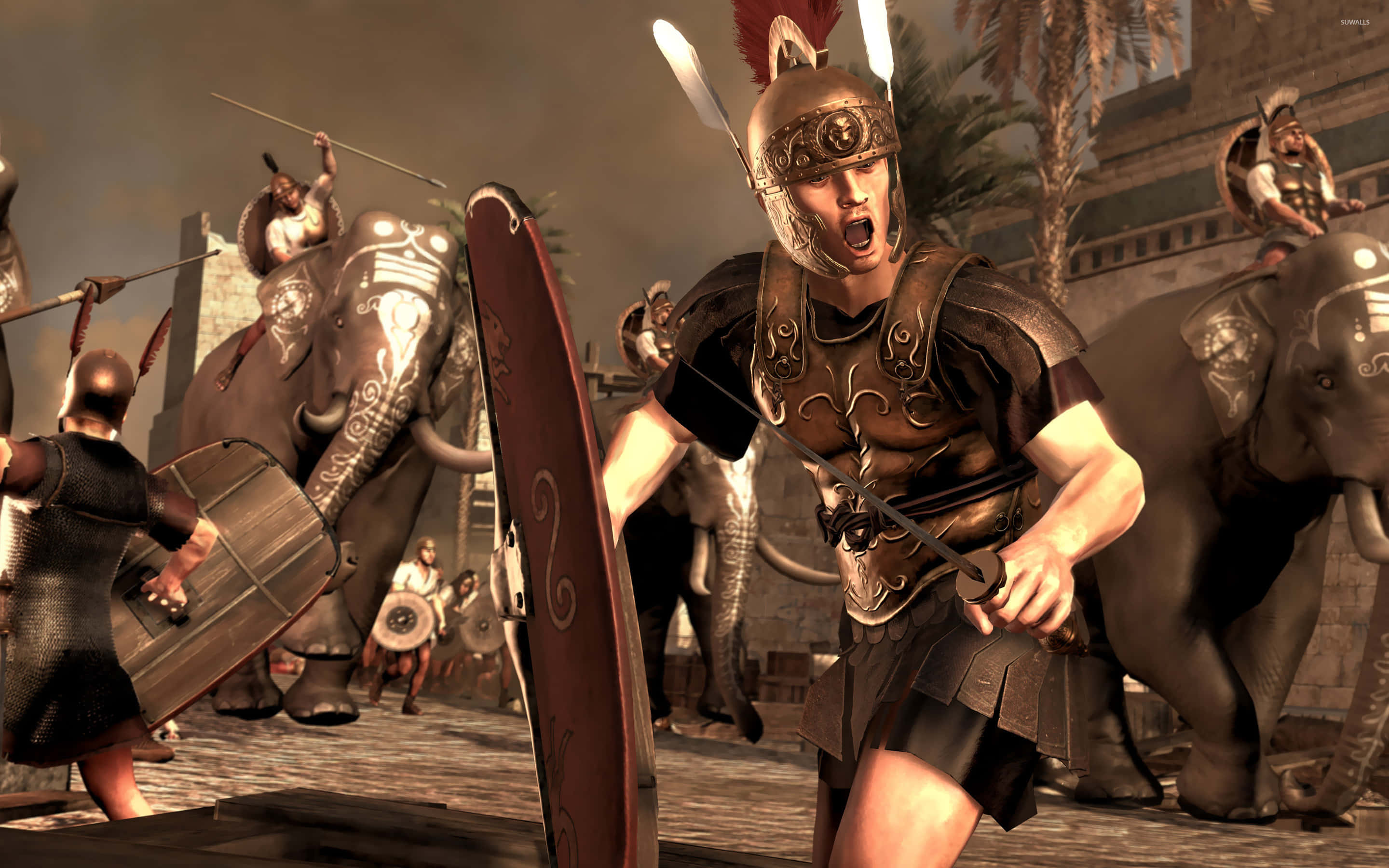 Total War Rome 2 桌布 壁紙 — 身穿青銅盔甲的羅馬軍團士兵在古城街道上，在戰象之間持矛和盾衝鋒。