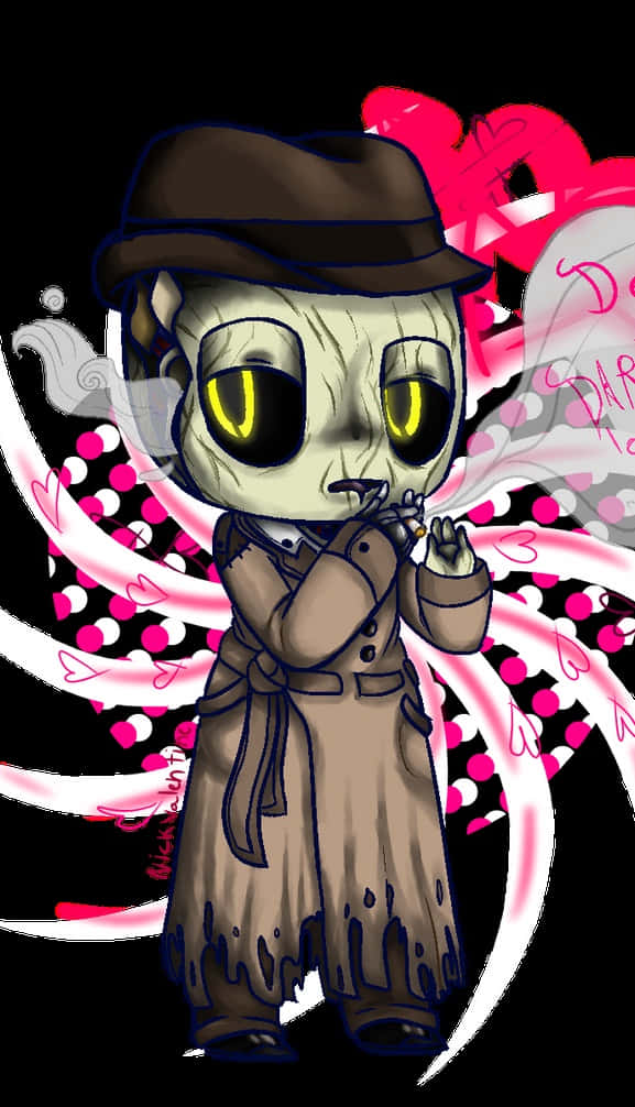 Nick Valentine 桌布 壁紙 — 身穿風衣戴著軟氈帽的Q版殭屍偵探，在混亂的粉紅與黑色心形背景前抽煙。