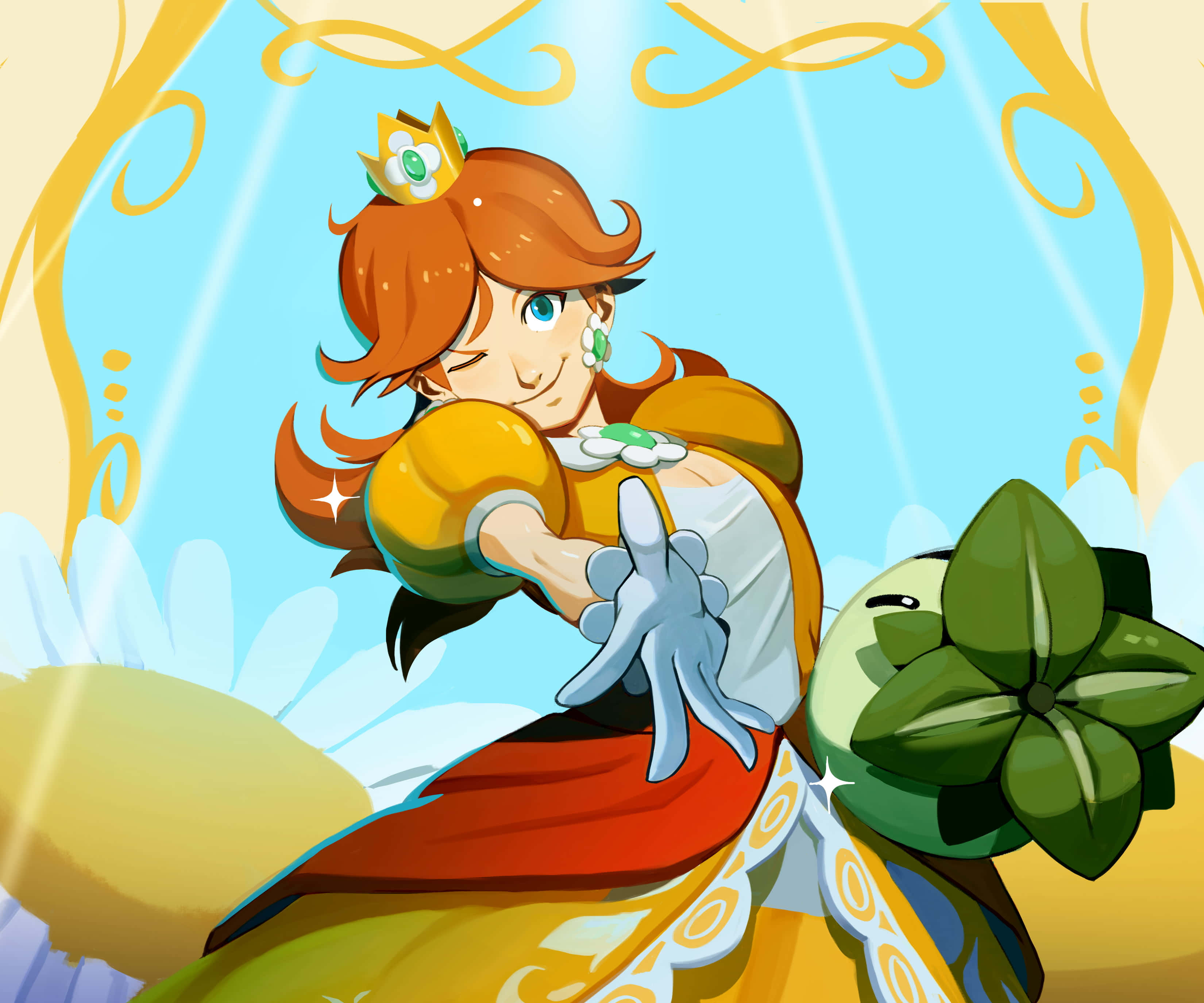 Princess Daisy 桌布 壁紙 — 身穿鮮艷黃色和紅色連衣裙的黛西公主，在金色漩渦的明亮藍天下，頑皮地眨眼，同時抱著一個綠色的葉狀生物。