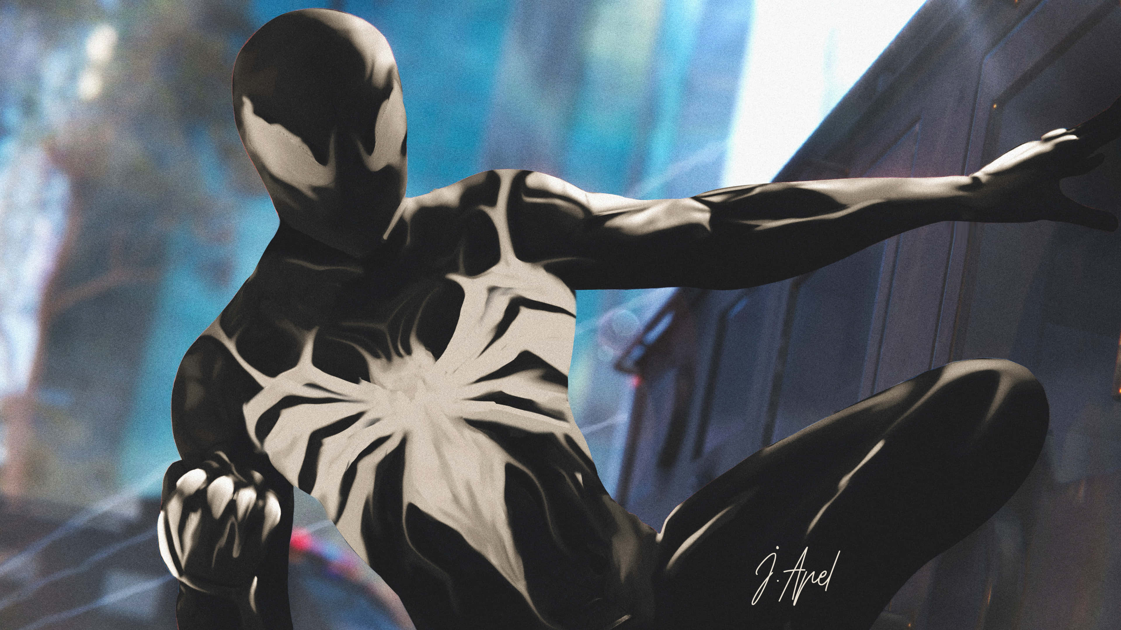 Symbiote 桌布 壁紙 — 身穿黑白西裝的毒液在模糊的城市景觀中動態蹲伏，背景有藍色光條。