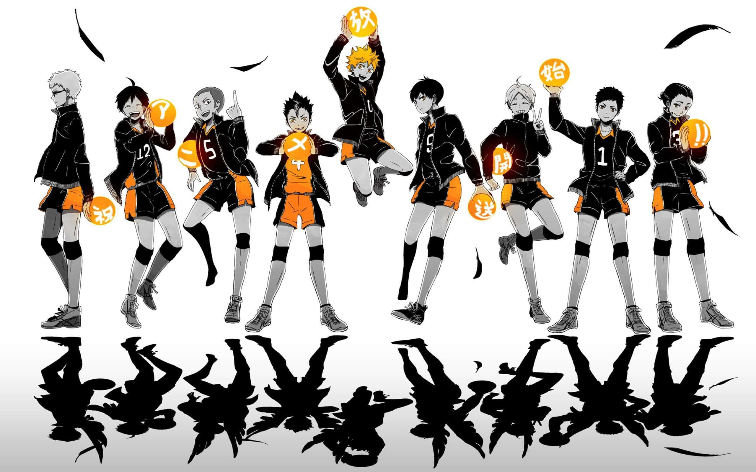 Haikyuu Captains 桌布 壁紙 — 身穿黑色和橙色制服嘅動漫排球運動員，喺白色背景上帶住黑色羽毛同陰影效果，頭頂上方有發光球體，動感十足咁擺姿勢。