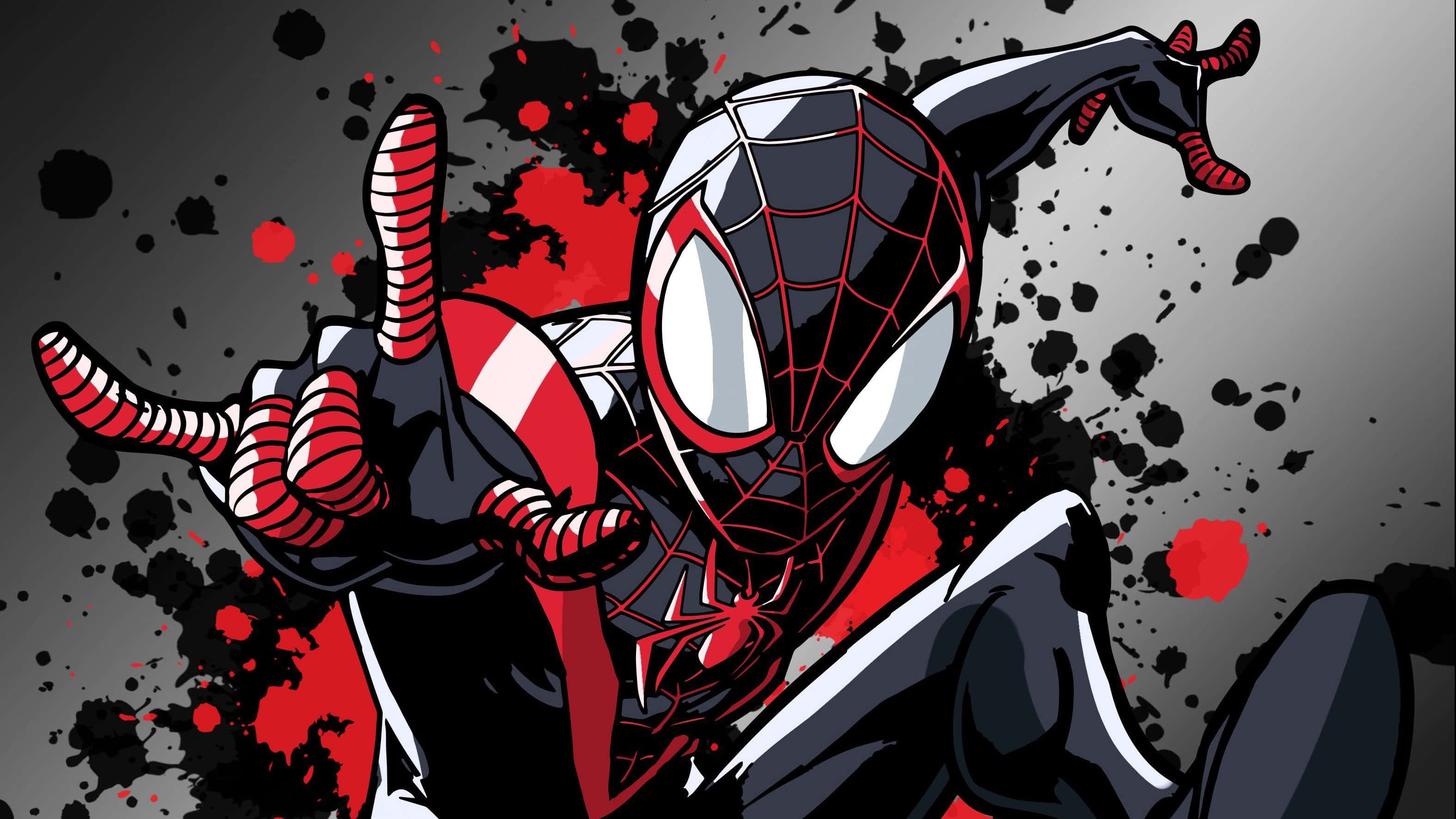 Miles Morales 動漫 桌布 壁紙 — 身穿黑色和紅色戰衣的蜘蛛俠在濺滿紅色和黑色的背景下做出搖滾手勢。