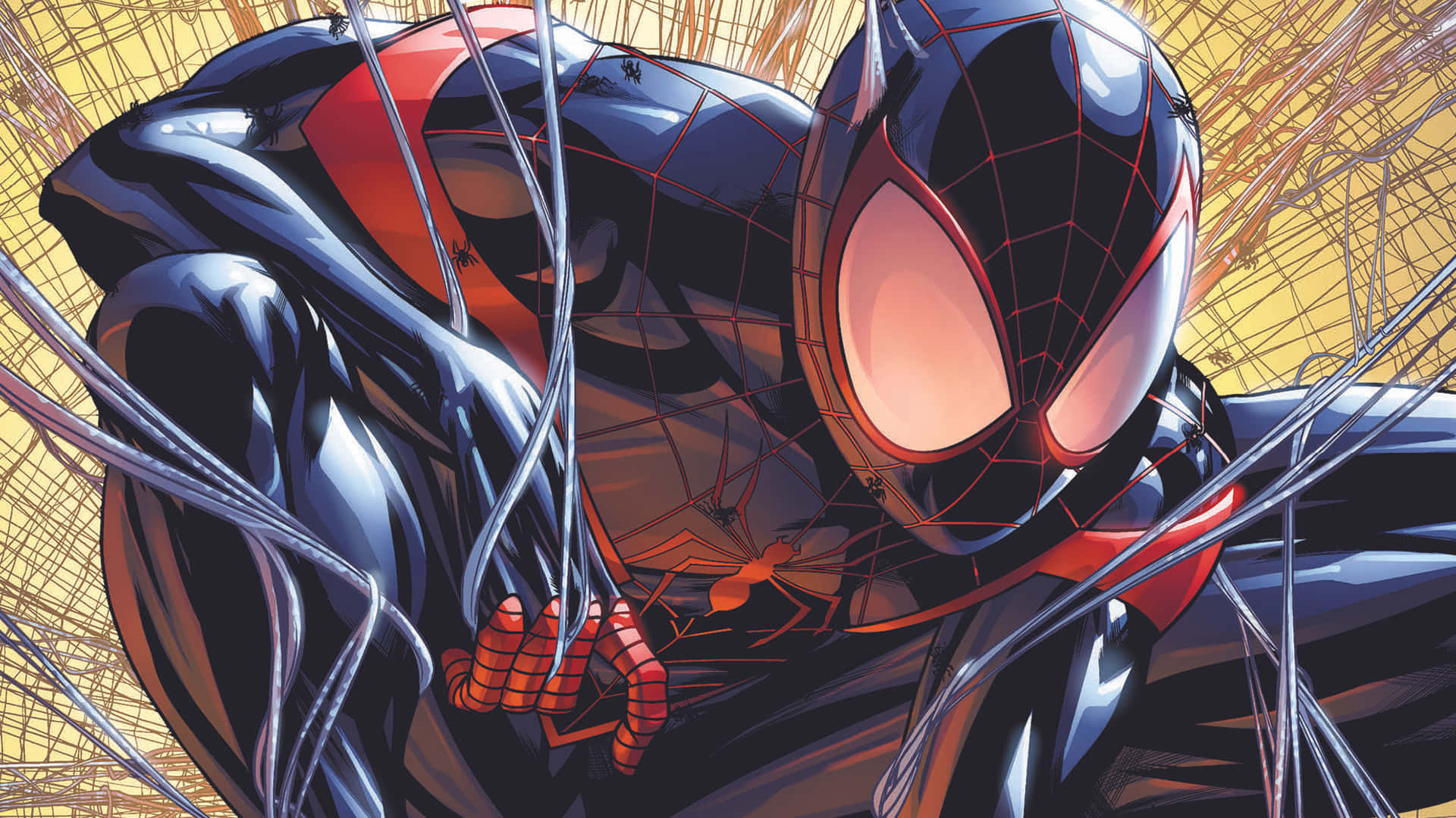 Miles Morales 動漫 桌布 壁紙 — 身穿黑色和紅色戰衣的蜘蛛俠在金色網狀背景中，於蛛網線之間動態蹲伏。