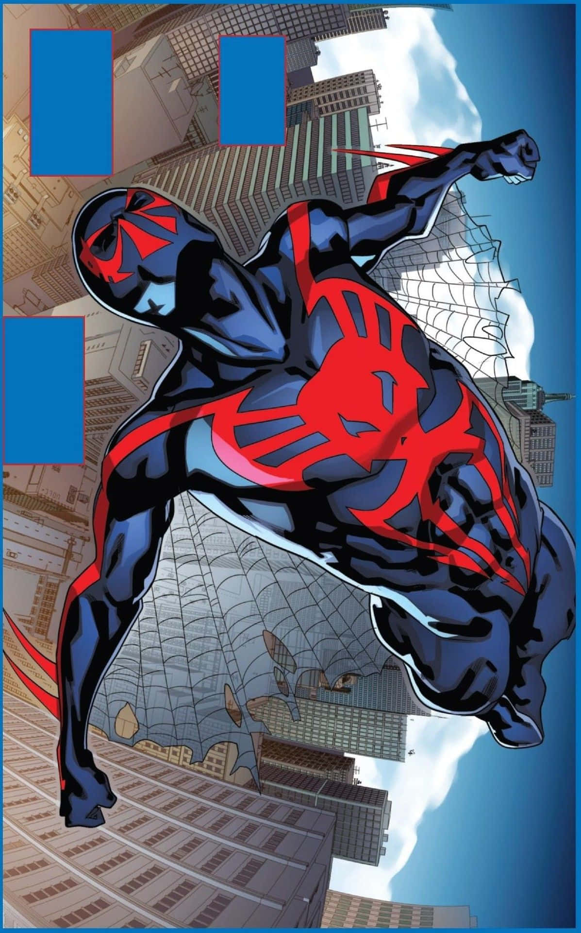 Spider Man 2099 桌布 壁紙 — 身穿黑色和紅色戰衣的蜘蛛俠在陽光明媚的城市景觀中，在高聳的摩天大樓之間動態擺盪。