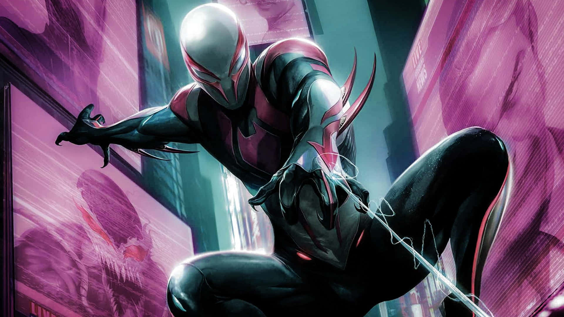 Spider Man 2099 桌布 壁紙 — 身穿黑色和紅色戰衣的蜘蛛俠在霓虹燈照亮、紫色摩天大樓閃爍的城市景觀中動態擺盪。