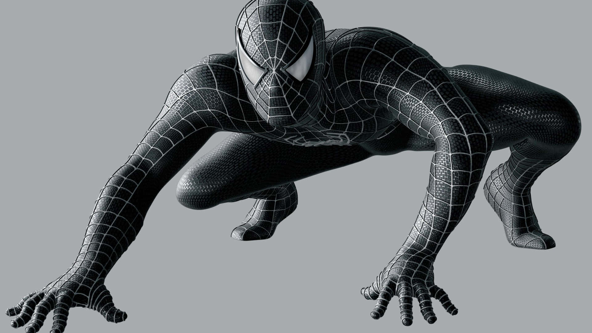 Spider Man 3 桌布 壁紙 — 身穿黑色套裝的蜘蛛俠以動態姿勢蹲在純灰色背景前。