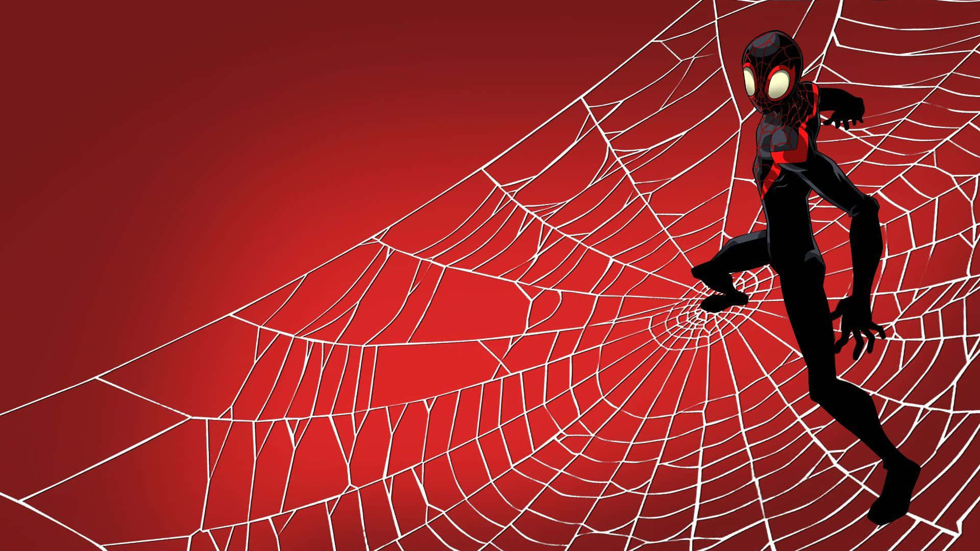 Miles Morales 動漫 桌布 壁紙 — 身穿黑色戰衣、眼睛發光的蜘蛛俠在深紅色背景上，穿過廣闊的白色蜘蛛網盪來盪去。