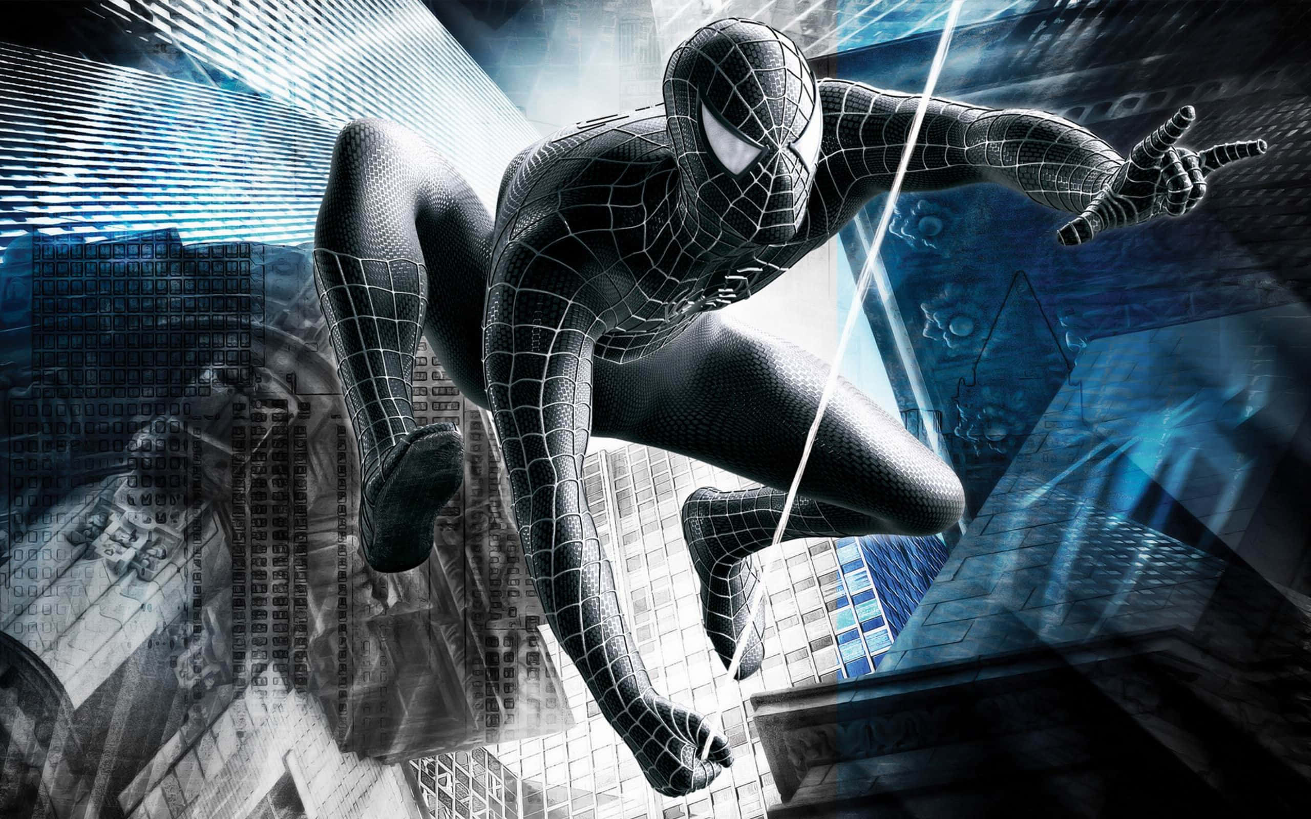 Spider Man 3 桌布 壁紙 — 身穿黑色戰衣的蜘蛛俠在充滿未來感的城市景觀中動態擺盪，伴隨著發光的藍色數位效果。