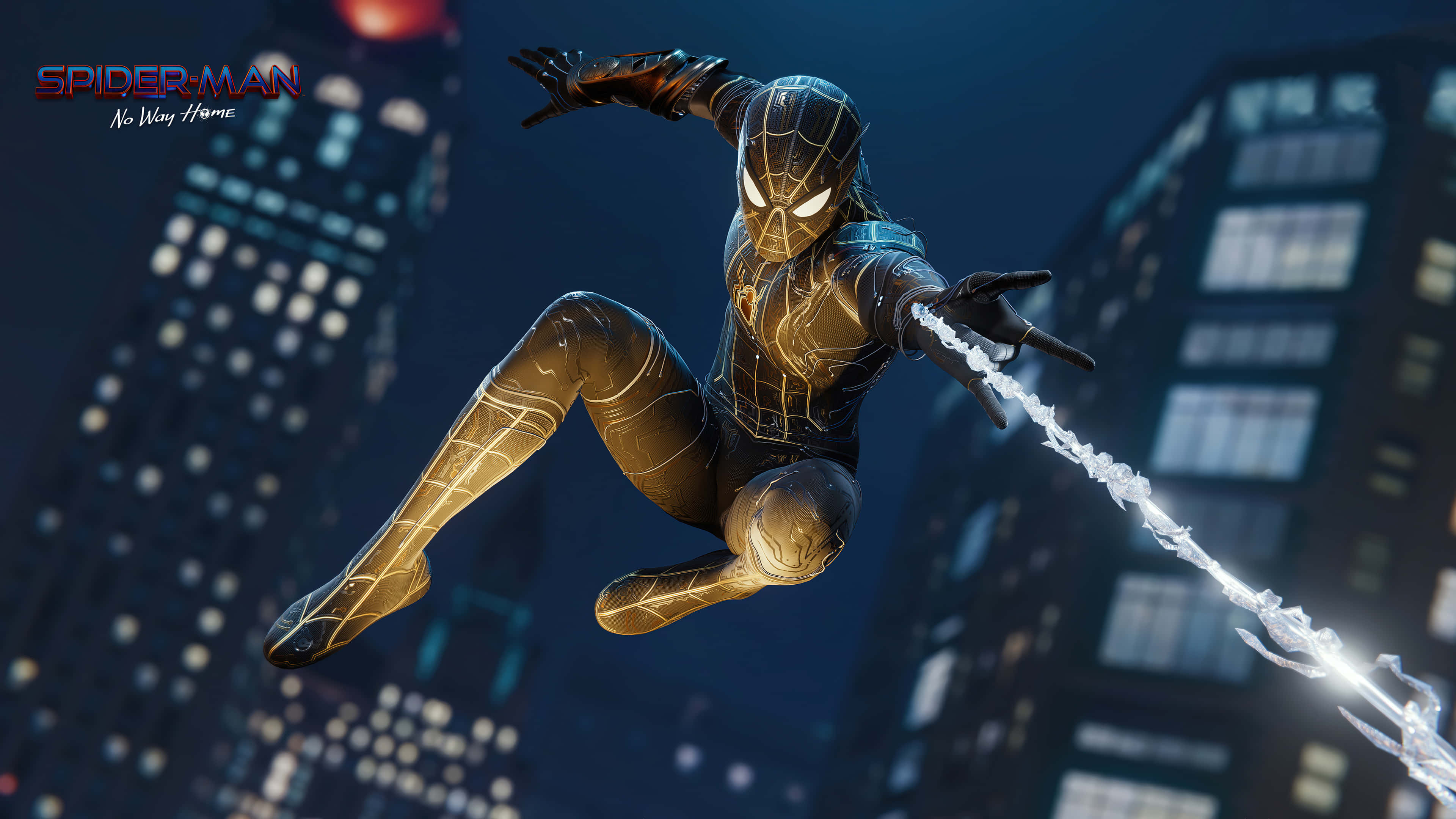 Spider Man No Way Home 桌布 壁紙 — 身穿黑色戰衣的蜘蛛俠在夜晚的霓虹燈城市景觀中擺盪，身後留下發光的蛛網線條。
