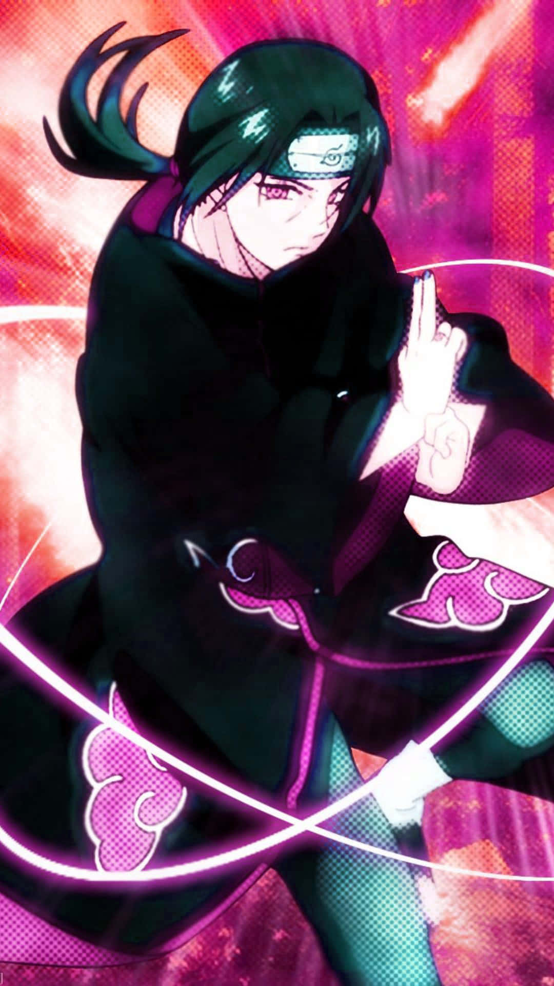 Jutsu 桌布 壁紙 — 身穿黑色斗篷、帶有粉紅色雲朵標誌的動漫角色，在充滿活力的粉紅色和紅色能量背景下結手印。