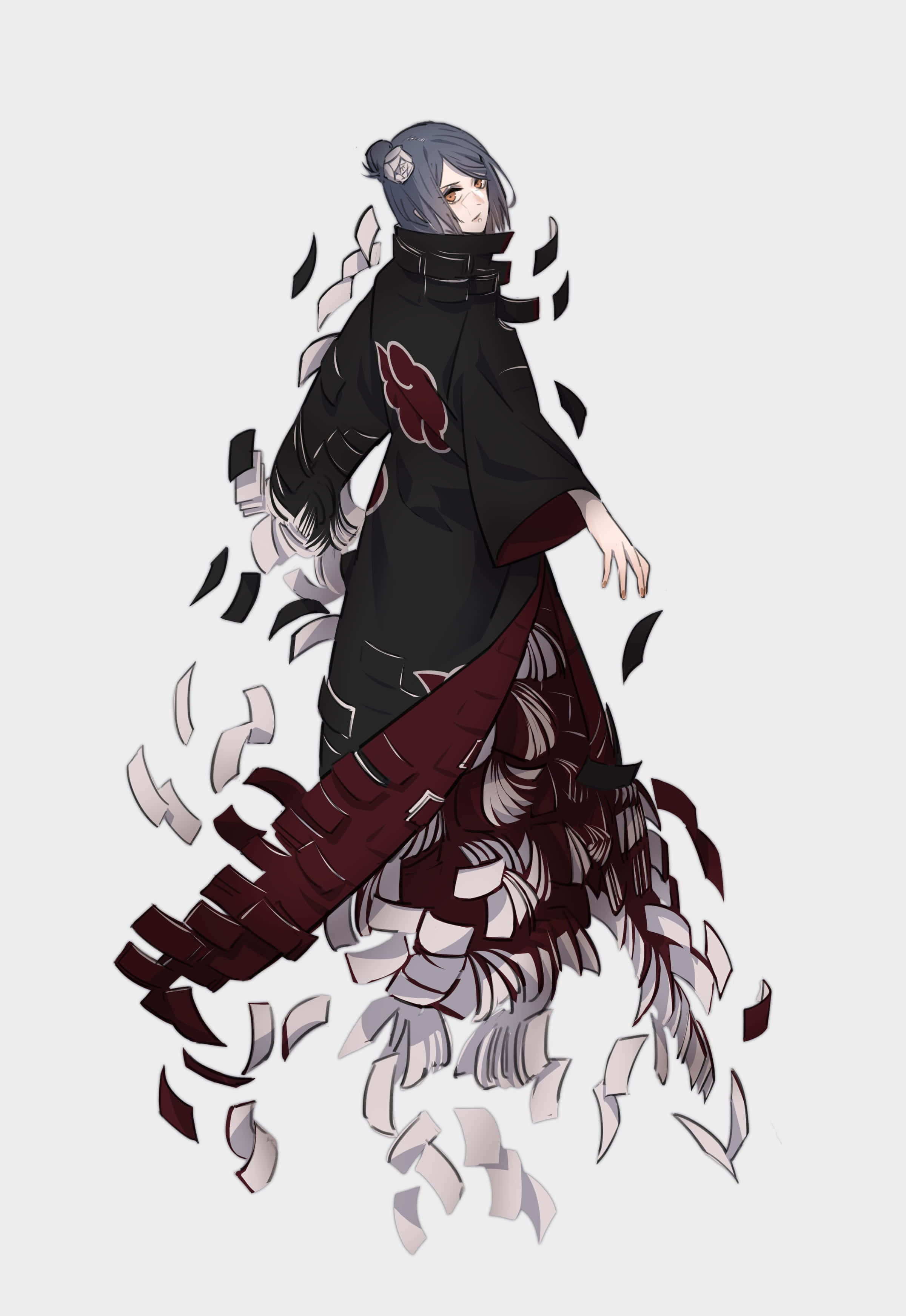 Akatsuki Ninja 桌布 壁紙 — 身穿黑色斗篷、帶有紅色雲紋標誌的動漫角色，被旋轉的深色和淺色紙片包圍。