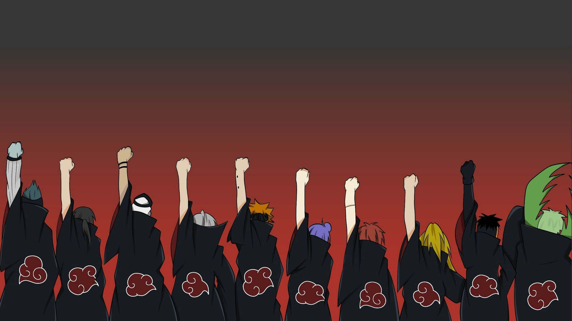 Akatsuki Members 桌布 壁紙 — 身穿黑色斗篷、帶有紅色雲紋的動畫角色，在火紅的夕陽天空下舉起拳頭。