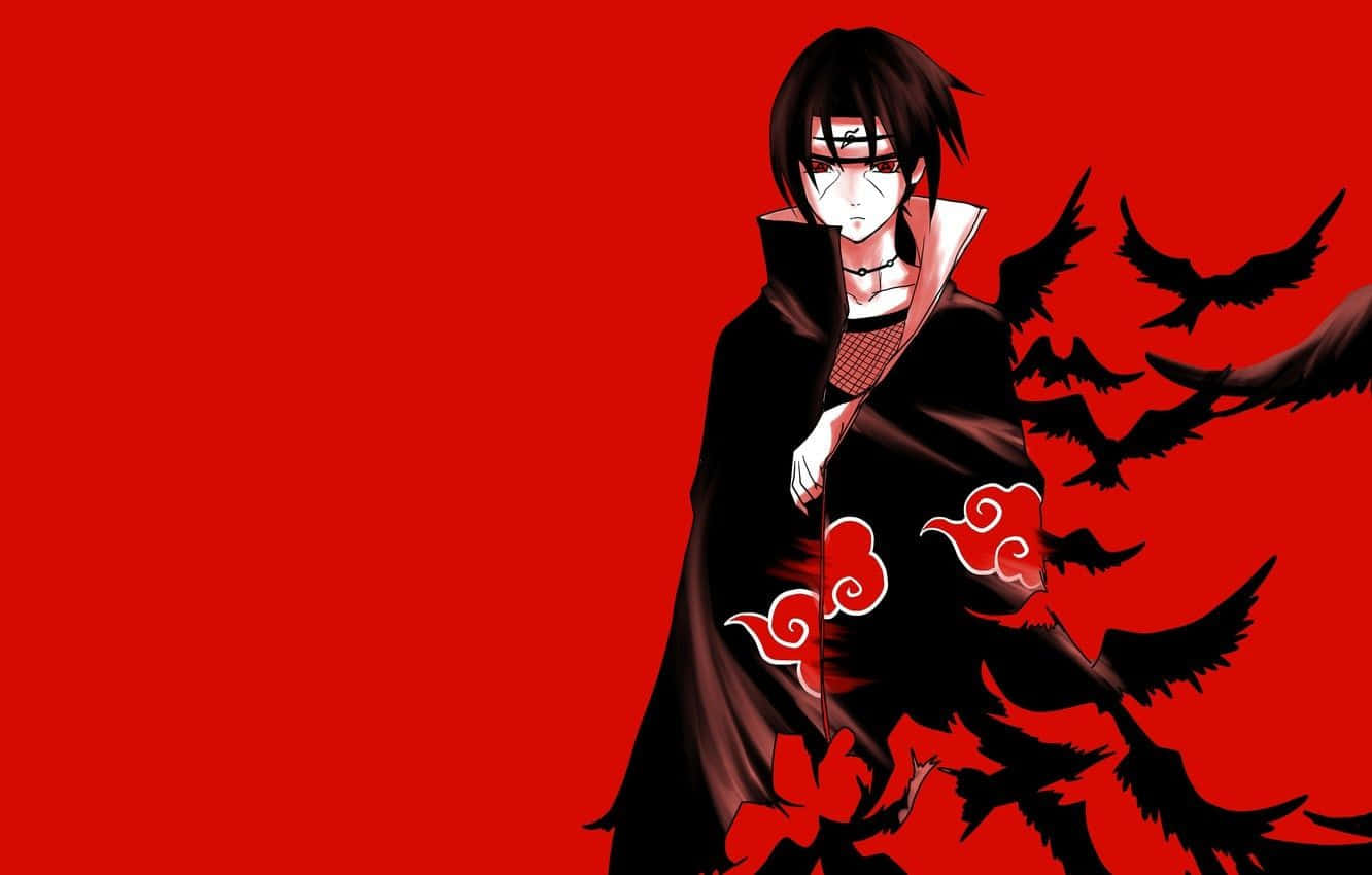 Genjutsu 桌布 壁紙 — 身穿黑色斗篷帶有紅色雲朵的動漫角色，站在鮮紅色背景前，有黑色鳥兒飛翔。