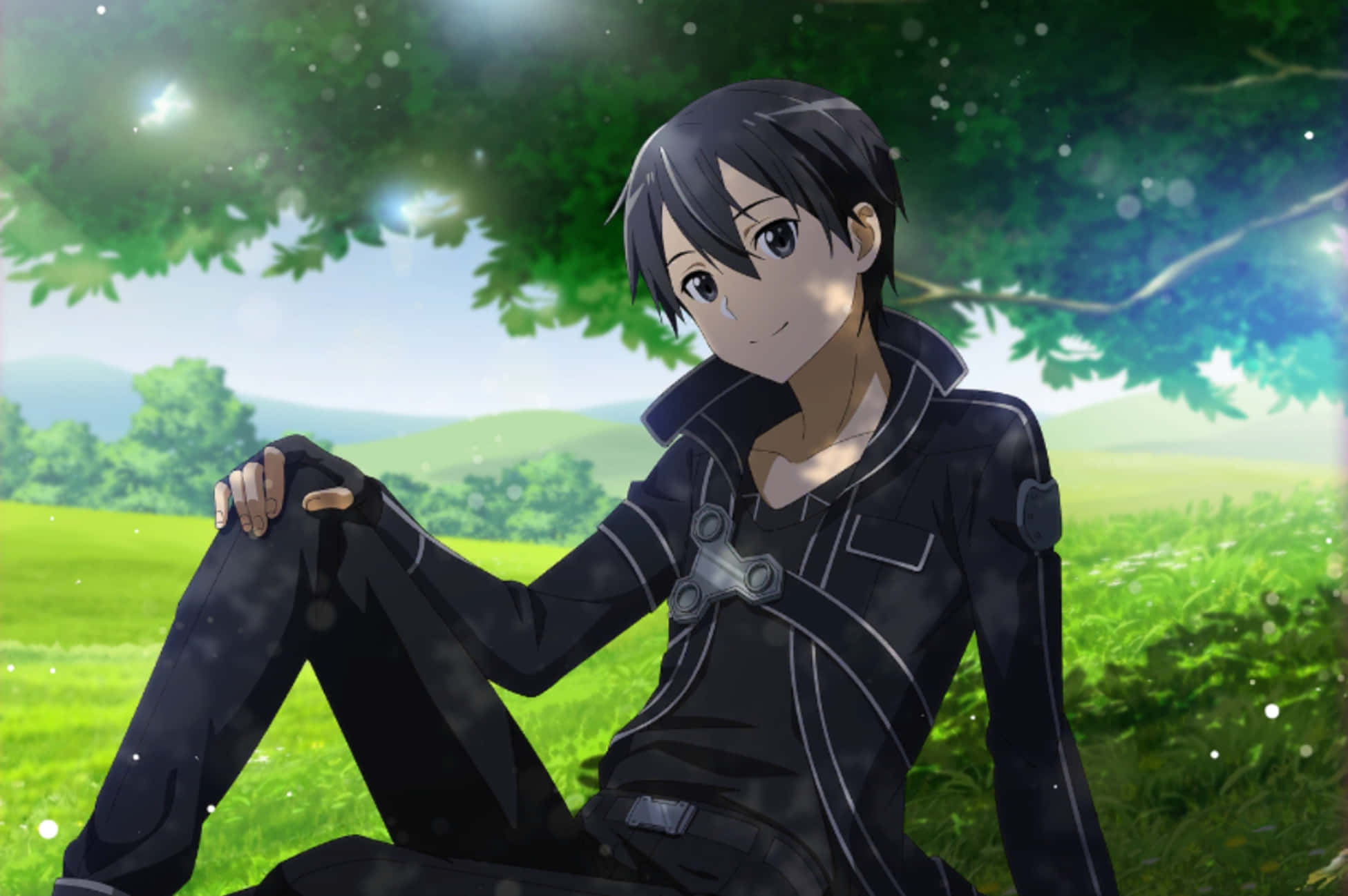 Kazuto Kirigaya 桌布 壁紙 — 身穿黑色服裝的動漫男孩，在茂密的樹下，坐在充滿活力的綠色草地上，柔和的光線穿過樹葉。