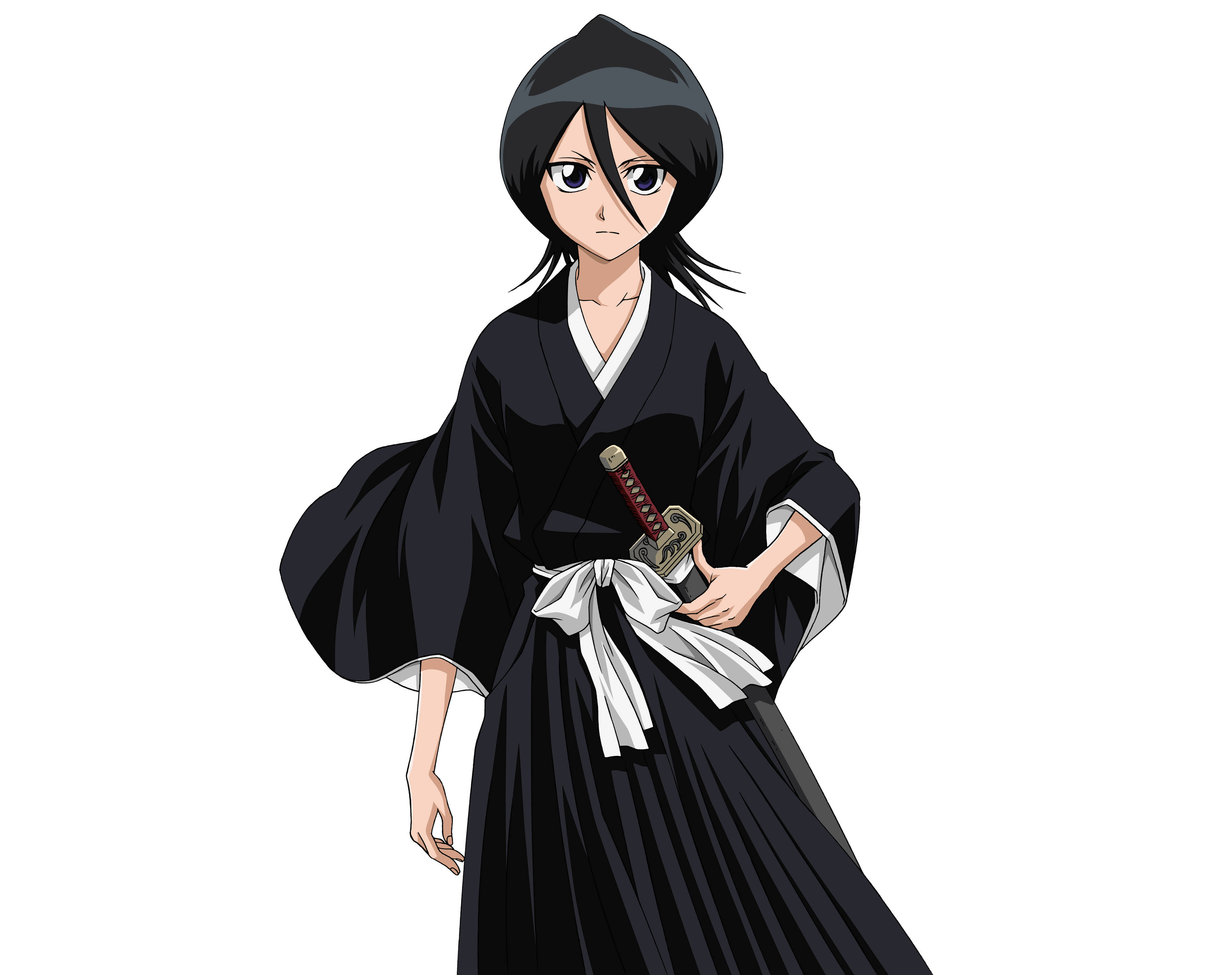 Bleach Anime 桌布 壁紙 — 身穿黑色死霸裝、白色腰帶、腰間佩劍的動畫女孩，表情嚴肅地站立。