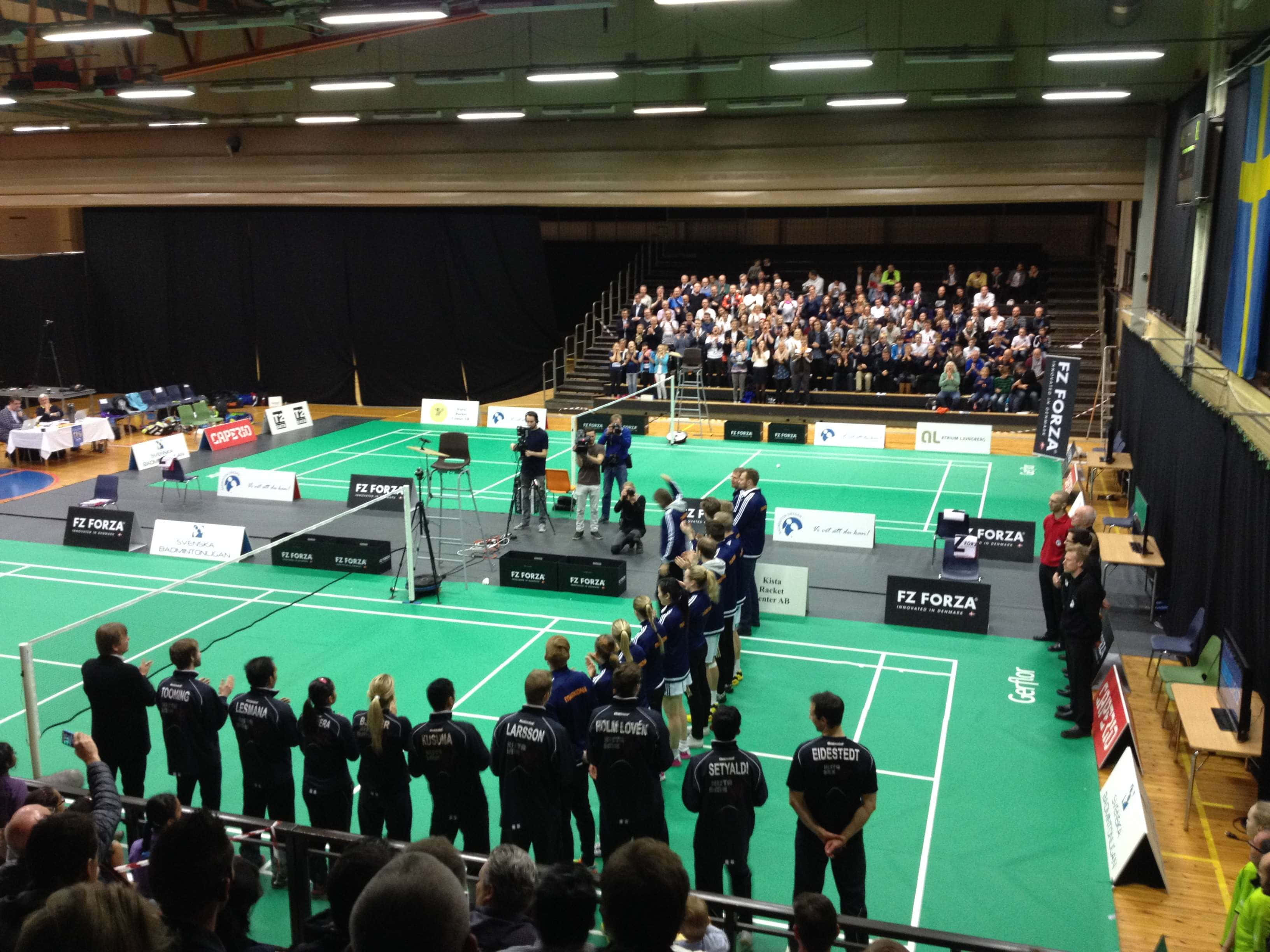 Badminton 桌布 壁紙 — 身穿黑色球衣的羽毛球選手站在綠色球場上，面向大型室內場館的觀眾。