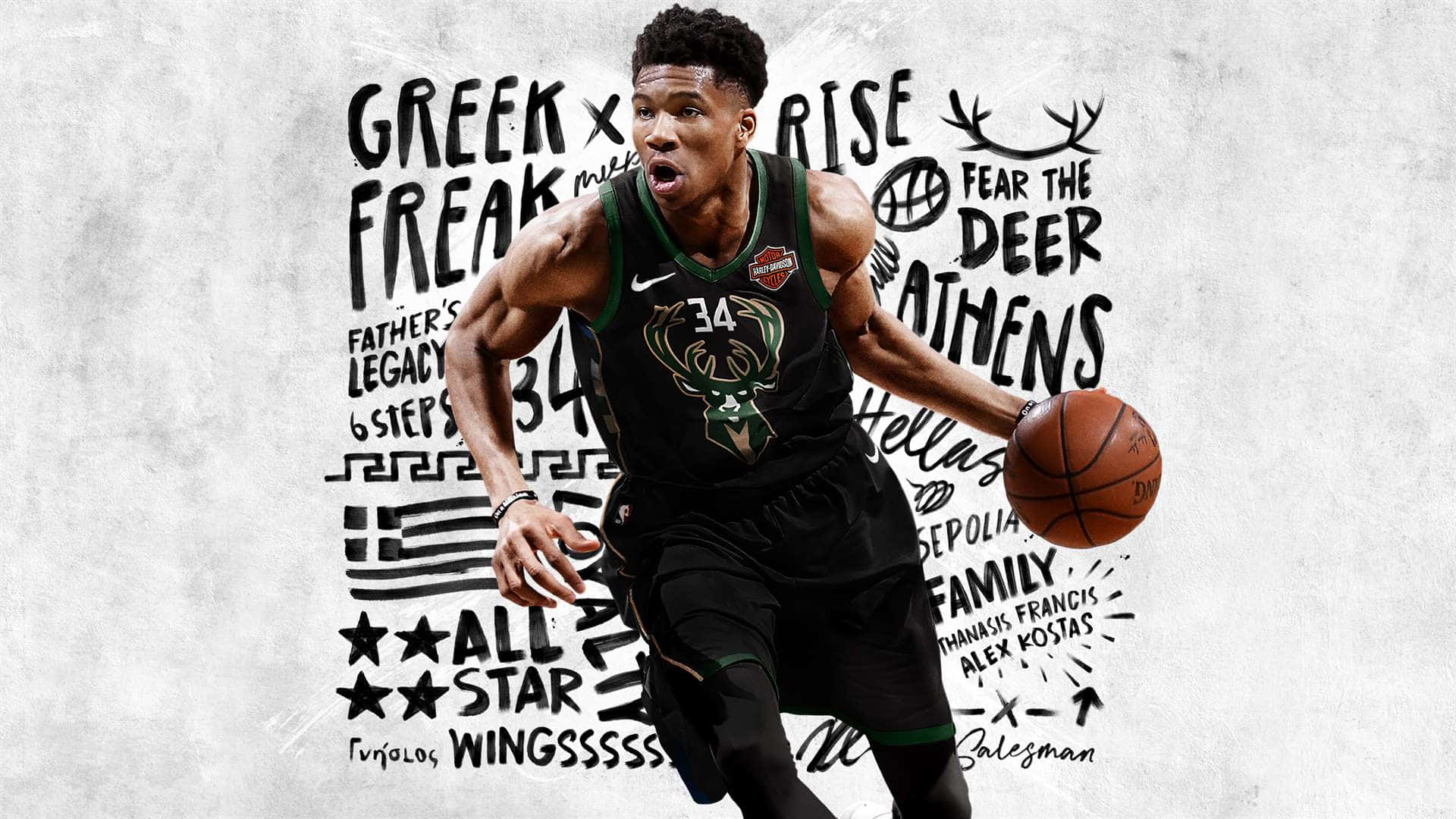 NBA 2k20 桌布 壁紙 — 身穿黑色球衣的運動型籃球運動員，在充滿粗體塗鴉文字的紋理牆前專注地運球。