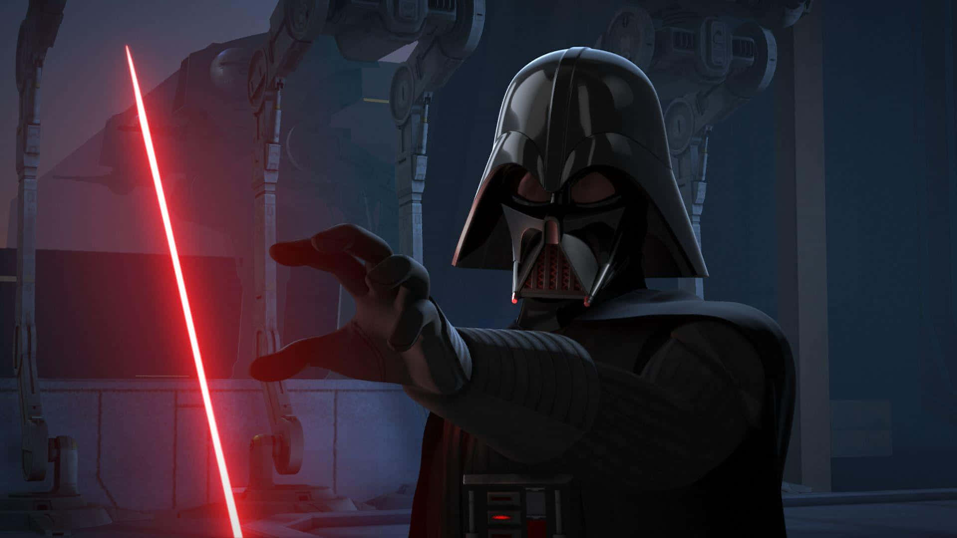 The Rebellion 桌布 壁紙 — 身穿黑色盔甲的達斯維達在昏暗的工業環境中手持發光的紅色光劍。
