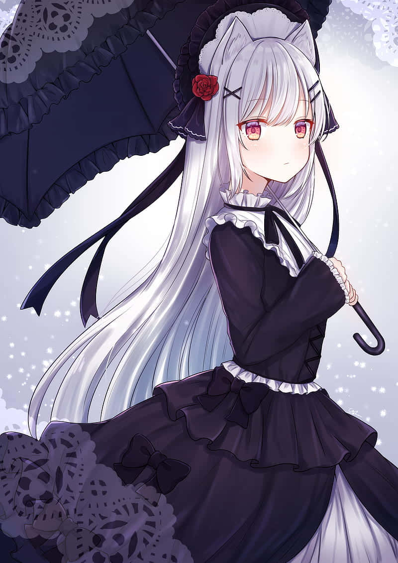 銀髮貓耳動漫少女在雪中手持黑色陽傘。