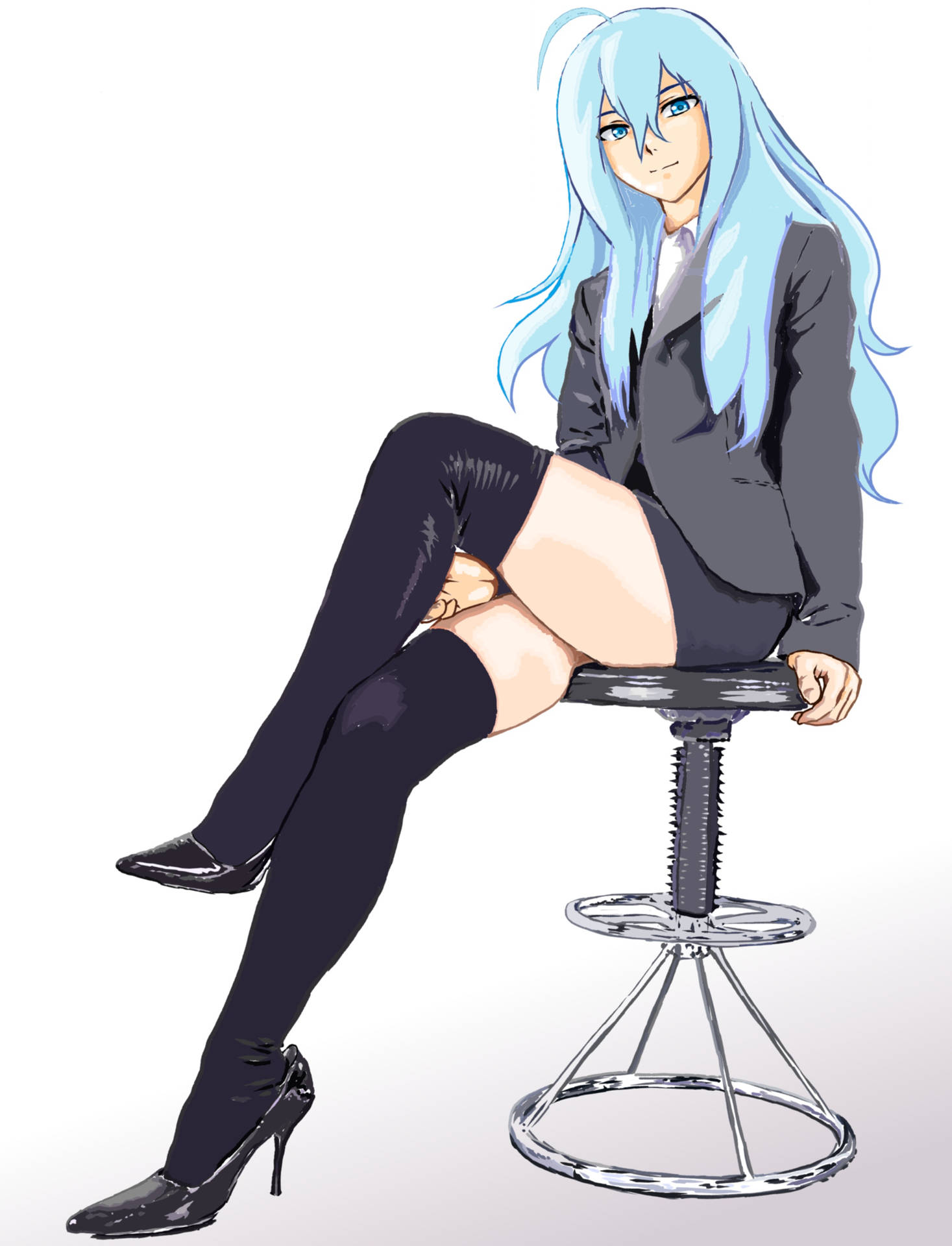 藍髮動漫女性穿著商務服裝坐在凳子上。