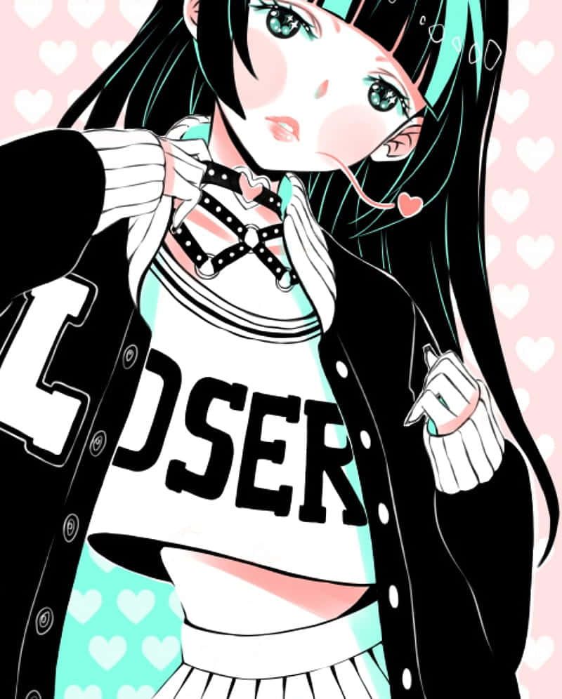 動畫女孩穿著啦啦隊服裝，帶有心形裝飾和青綠色頭髮，背景為粉紅色。
