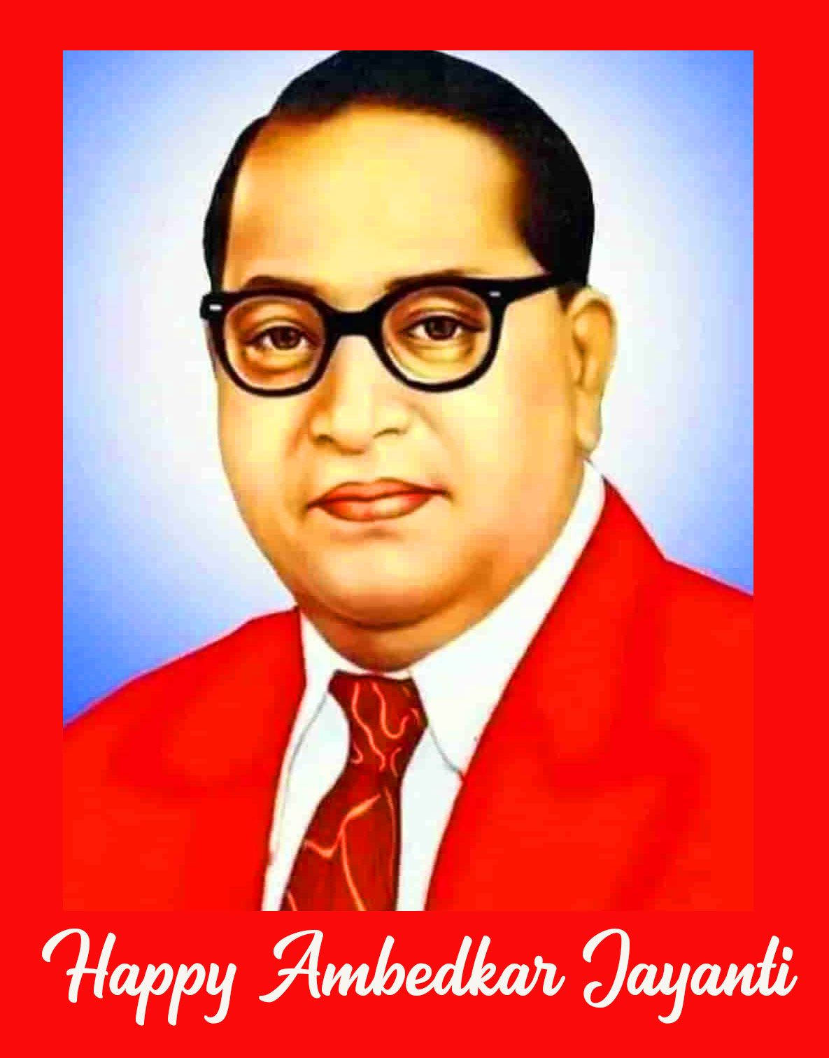Dr B R Ambedkar 身穿紅色西裝、戴眼鏡的肖像及慶祝文字。