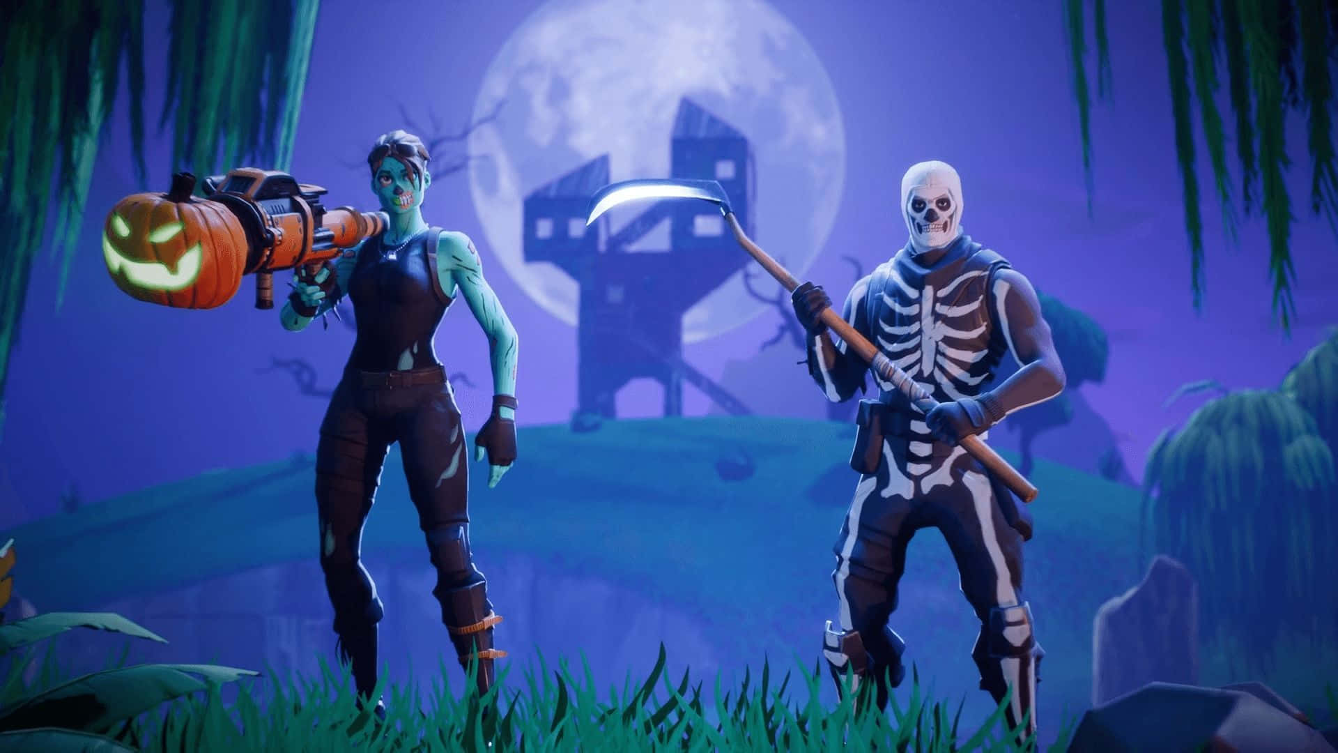 身著美國陸軍空降突擊兵裝備的士兵，準備執行任務 壁紙 — 兩個 Fortnite 角色，一個揮舞著發光南瓜發射器的殭屍和一個揮舞著鐮刀的骷髏，站在滿月下的陰森沼澤中。