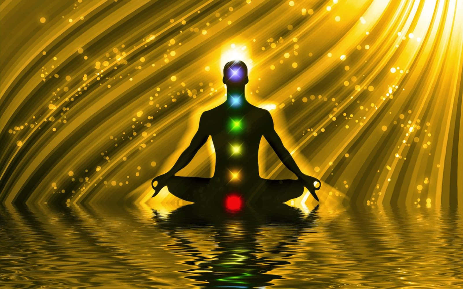 一個人在金色光下冥想，發光的脈輪反射在水中。
