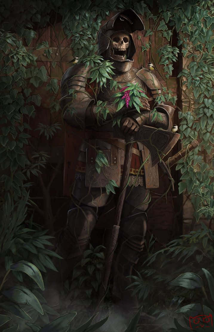 一個身穿雜草叢生盔甲的骷髏騎士，站在茂密的森林中，手持一根法杖。