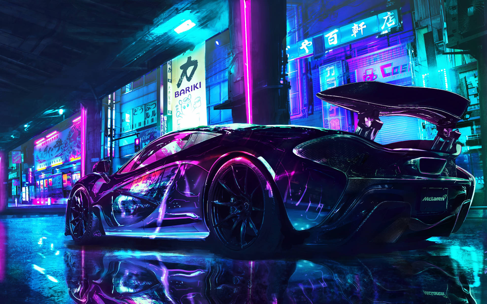 黑色McLaren跑車停在潮濕的霓虹燈街道上（夜晚）。
