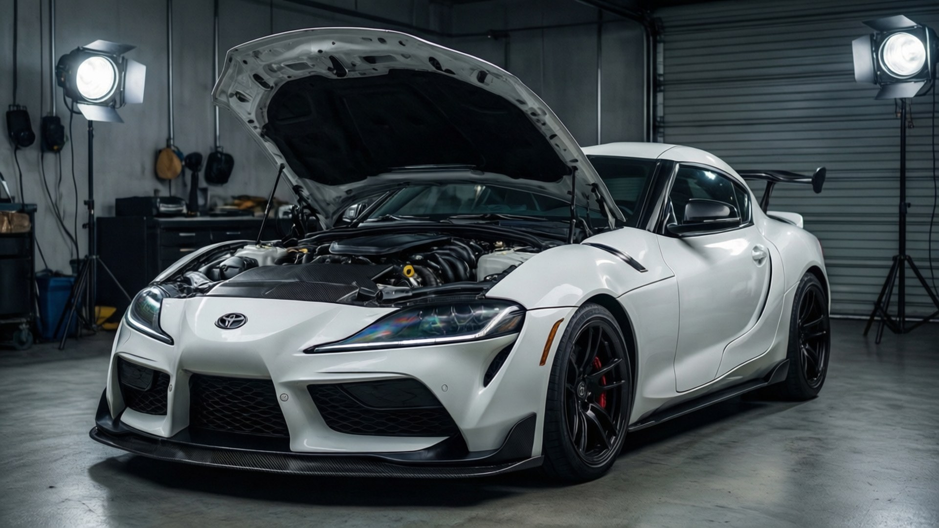 車庫女王Supra 壁紙 — 一輛純白色的豐田Supra，引擎蓋打開，露出詳細的引擎，停在專業車庫中，由工作室燈光照明。