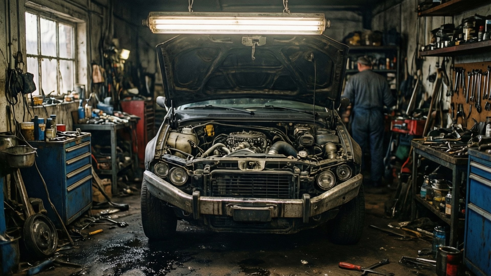 車房工作枱引擎 壁紙 — 一輛引擎蓋打開的復古車停在雜亂的車庫中，上方有明亮的螢光燈，背景中一名技師正在工作。