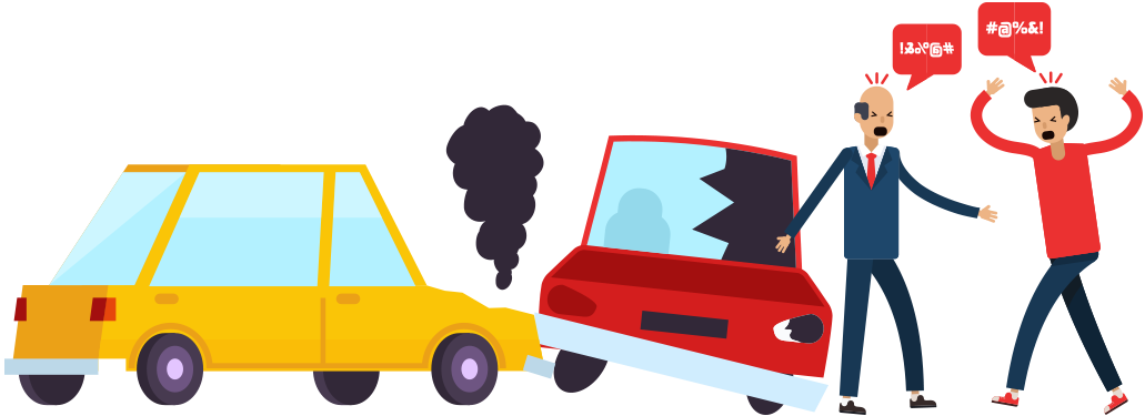 車禍爭執卡通圖 壁紙 — 兩名男子在一宗涉及黃色旅行車和紅色轎車的車禍後憤怒地爭吵，引擎蓋破損並冒煙。