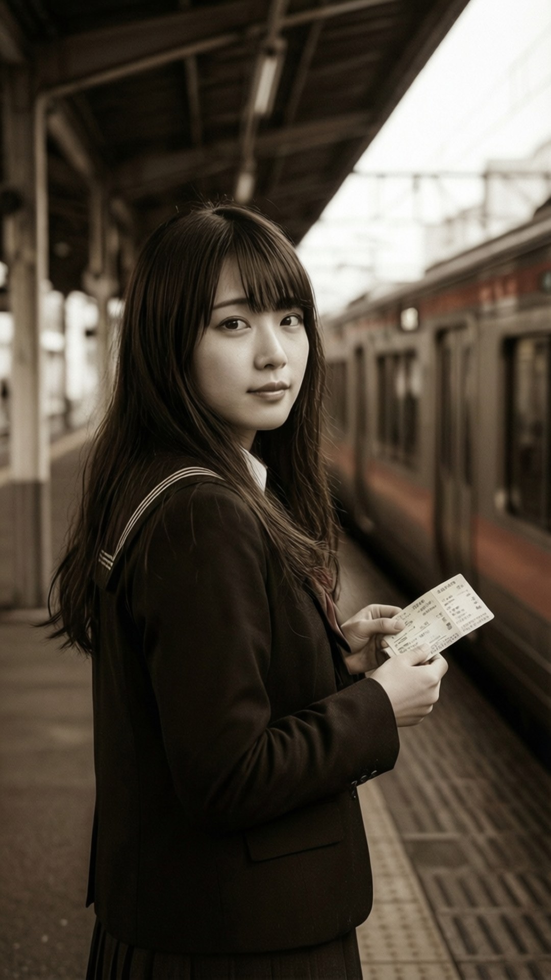 車站告別 壁紙 — 一位身穿校服的年輕女子在火車站月台上拿著車票，火車以懷舊色調駛過。