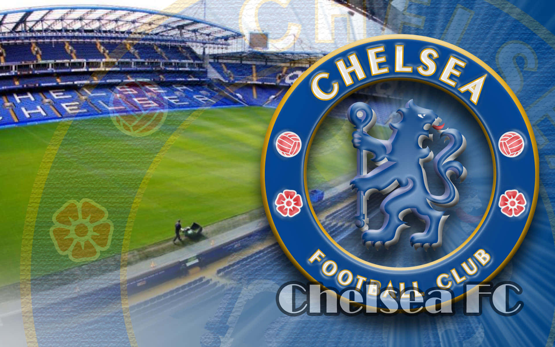 Chelsea 桌布 壁紙 — 車路士FC球場，藍色座位，綠色草地，以及帶有藍色獅子的會徽。