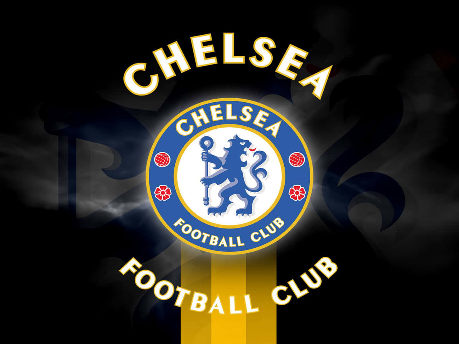 Chelsea 桌布 壁紙 — 車路士足球會徽章在深色煙霧背景及黃色垂直條紋襯托下，以金色和藍色閃耀。