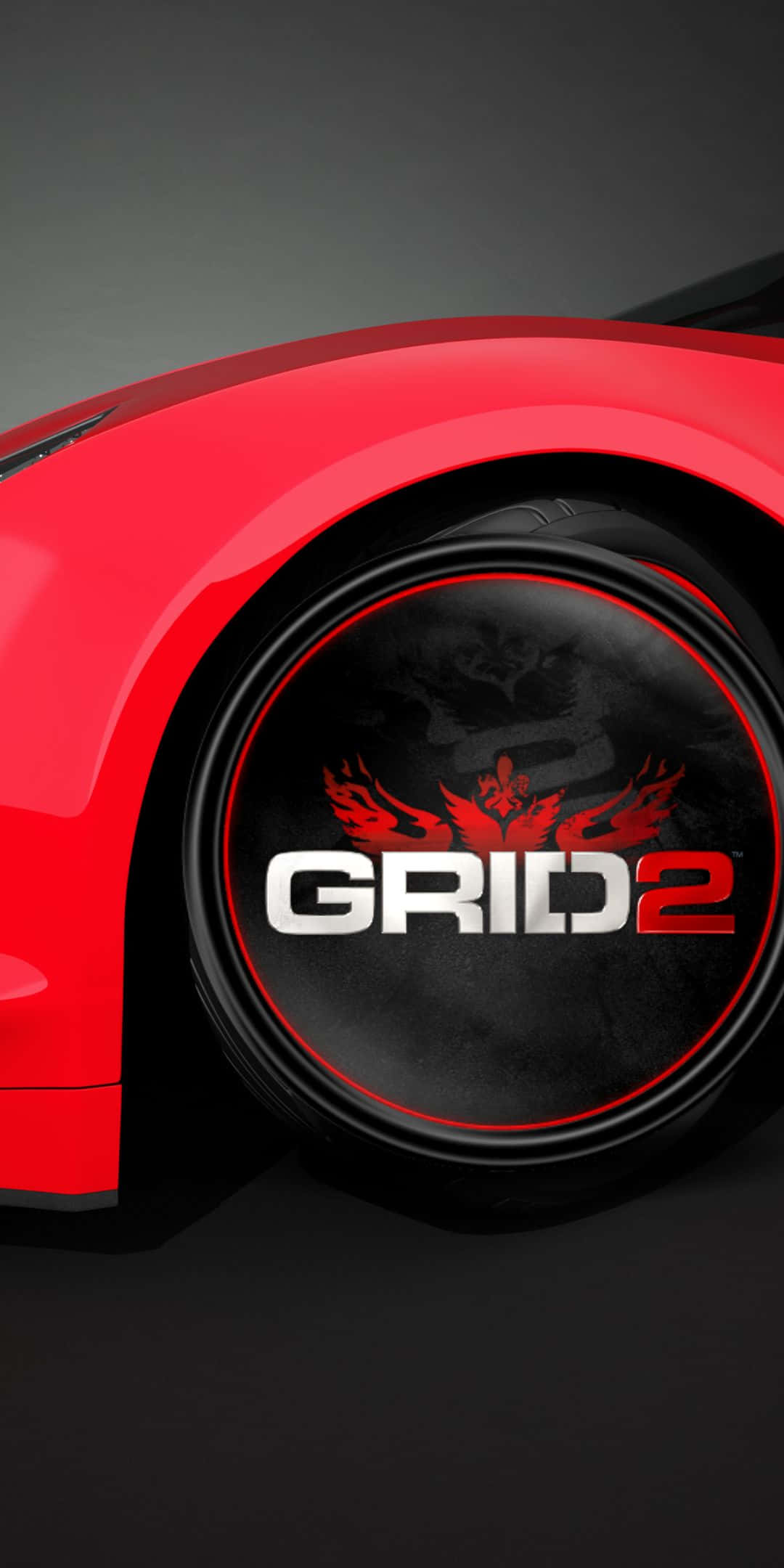 紅色賽車車輪，帶有GRID 2標誌和火焰翅膀。