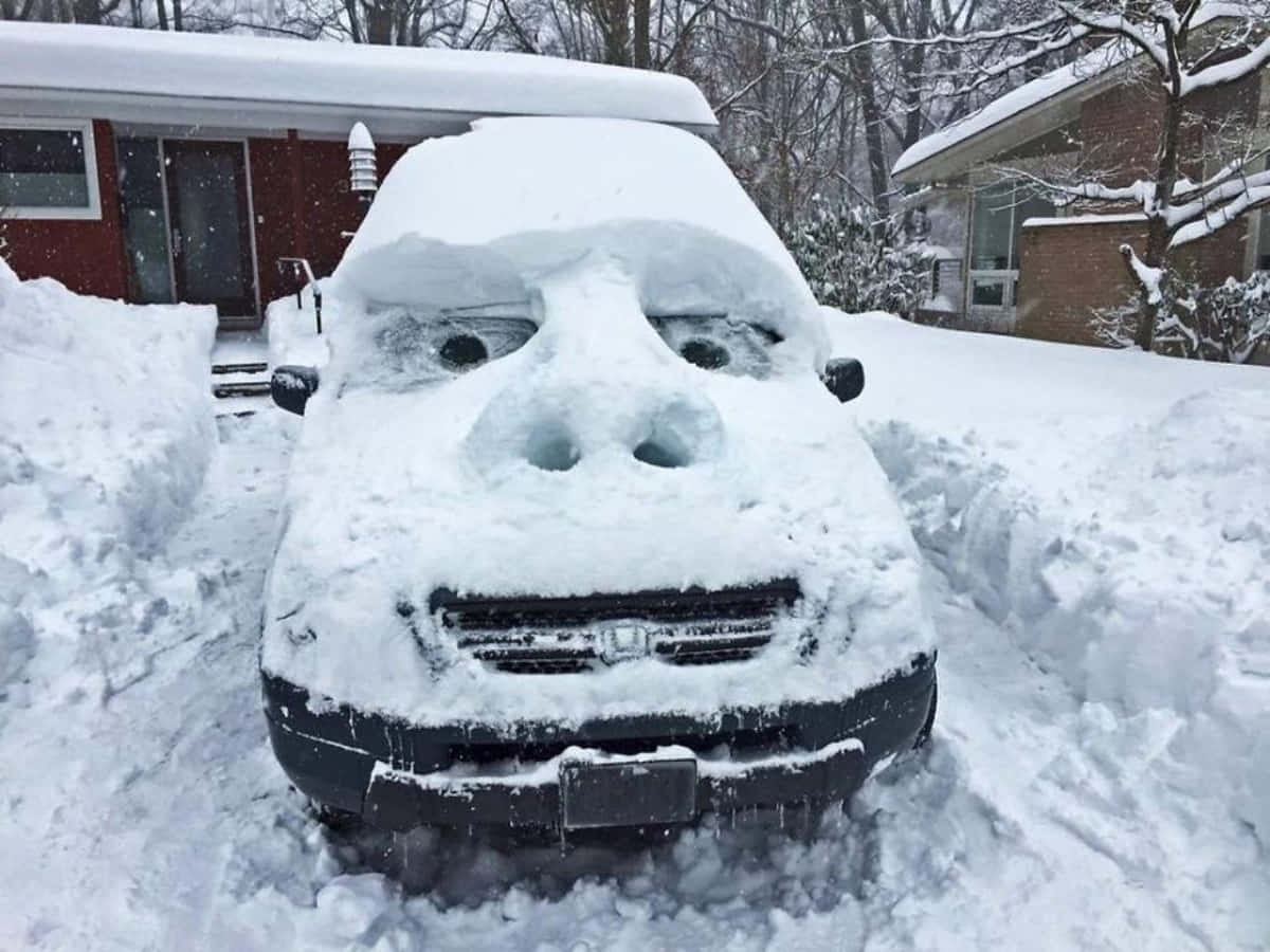 一輛被雪覆蓋的汽車，形狀像一張有眼睛、鼻子和嘴巴的臉。