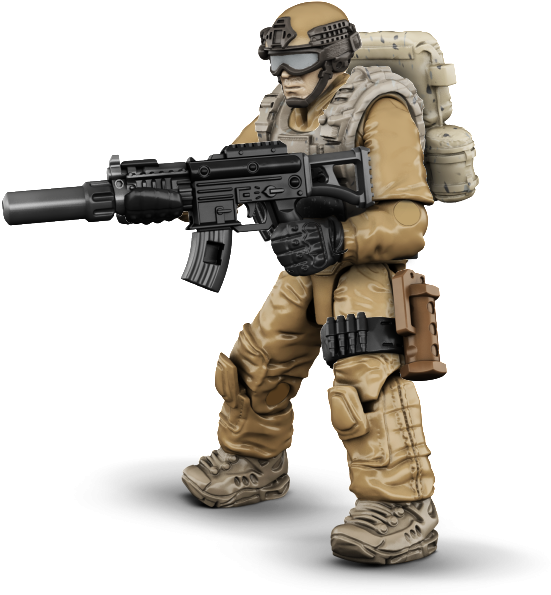 軍事動作人偶持步槍 壁紙 — 一名身穿棕褐色戰鬥裝備的士兵，在黑色背景下手持黑色突擊步槍。